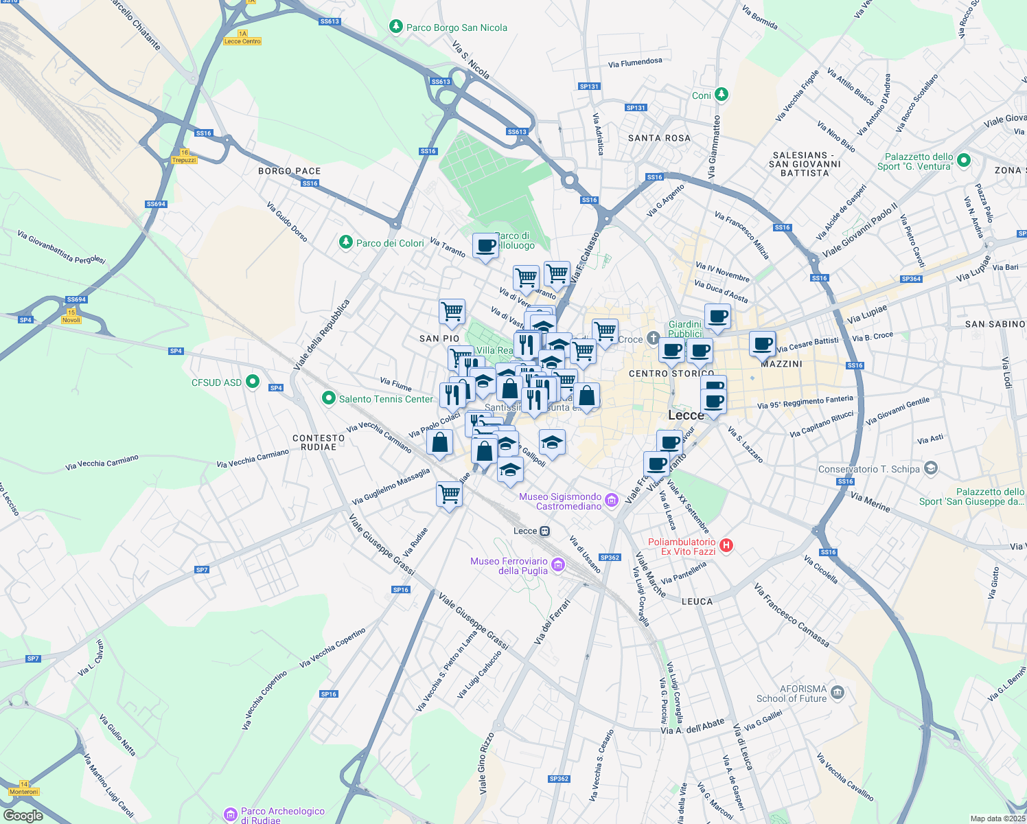 map of restaurants, bars, coffee shops, grocery stores, and more near 30 Viale dell'Università in Lecce