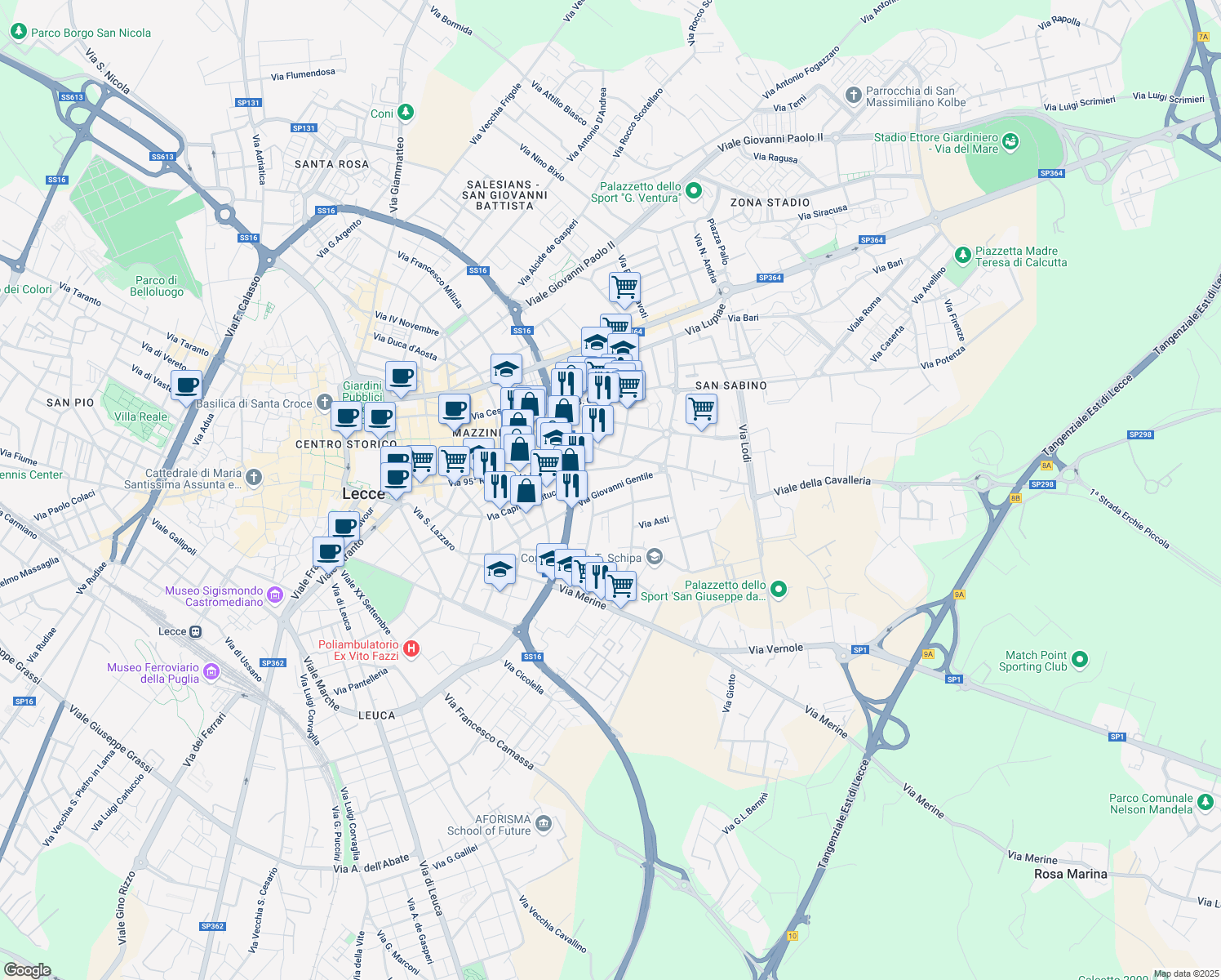 map of restaurants, bars, coffee shops, grocery stores, and more near 38 Via Giovanni Gentile in Lecce