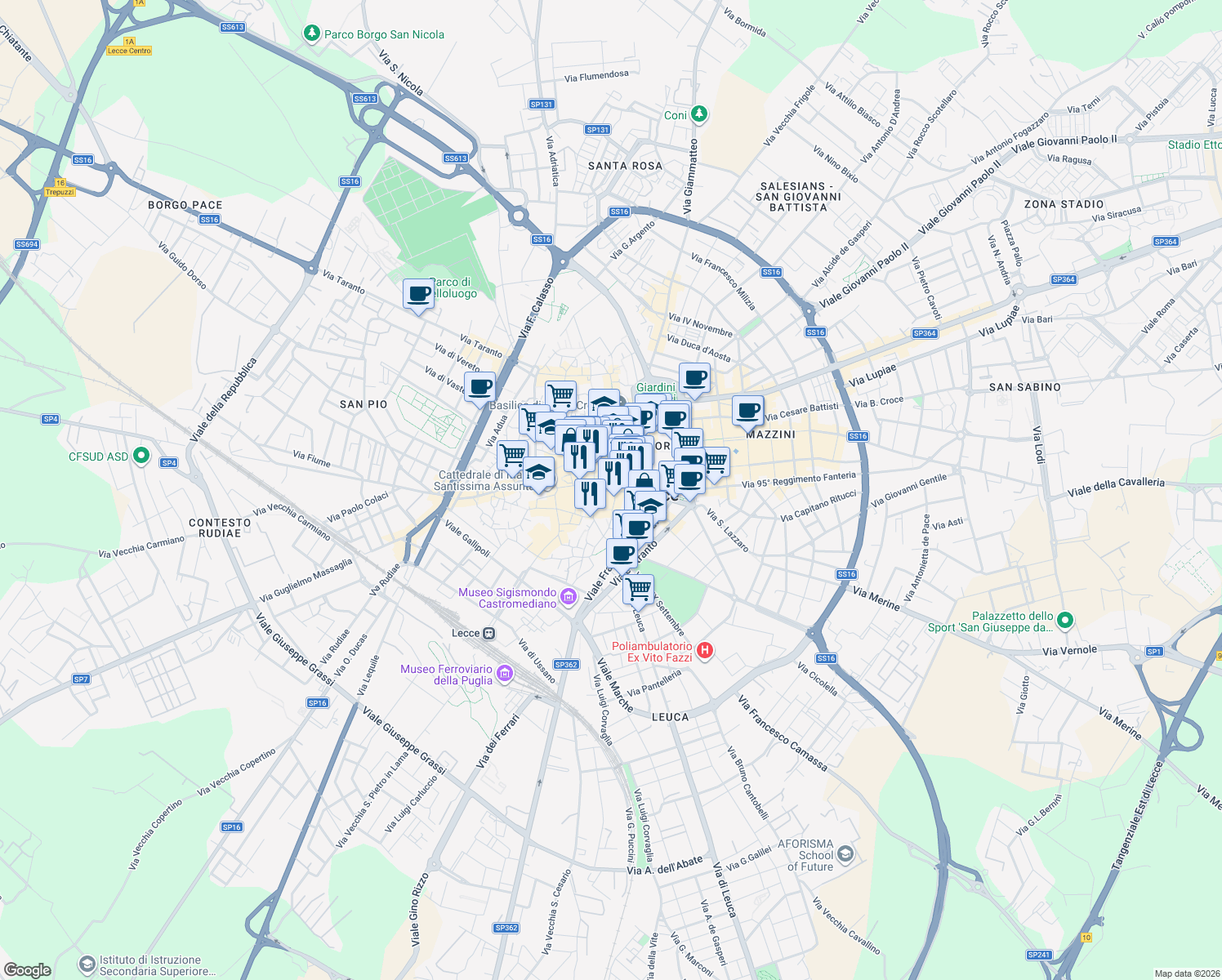 map of restaurants, bars, coffee shops, grocery stores, and more near 15 Via Giuseppe Verdi in Lecce