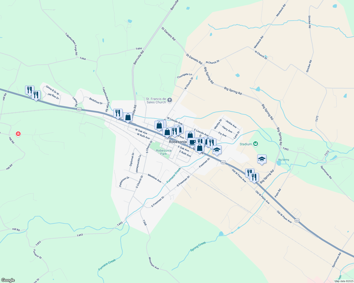 map of restaurants, bars, coffee shops, grocery stores, and more near 14 Penn Avenue in Robesonia