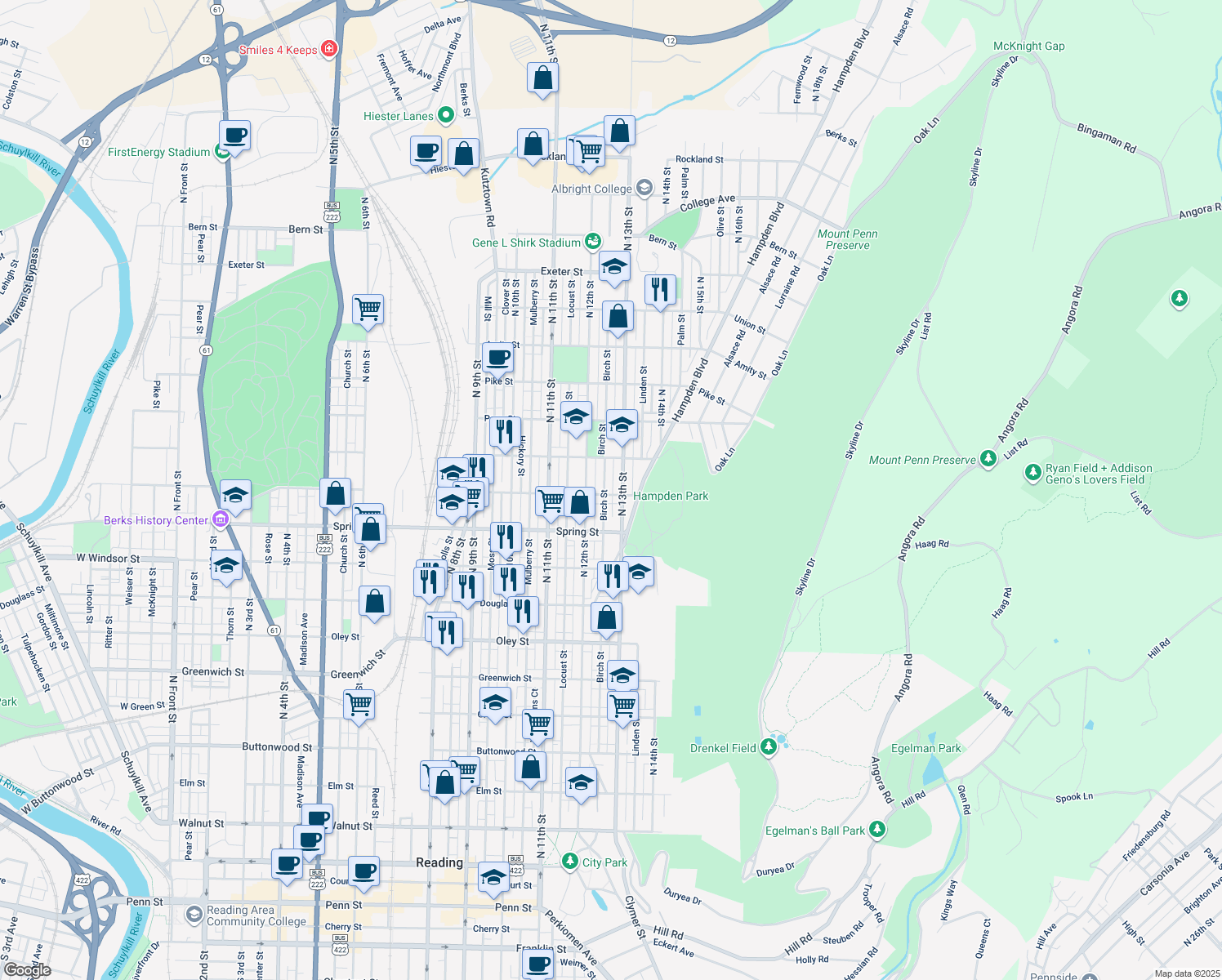 map of restaurants, bars, coffee shops, grocery stores, and more near 1233 Robeson St in Reading