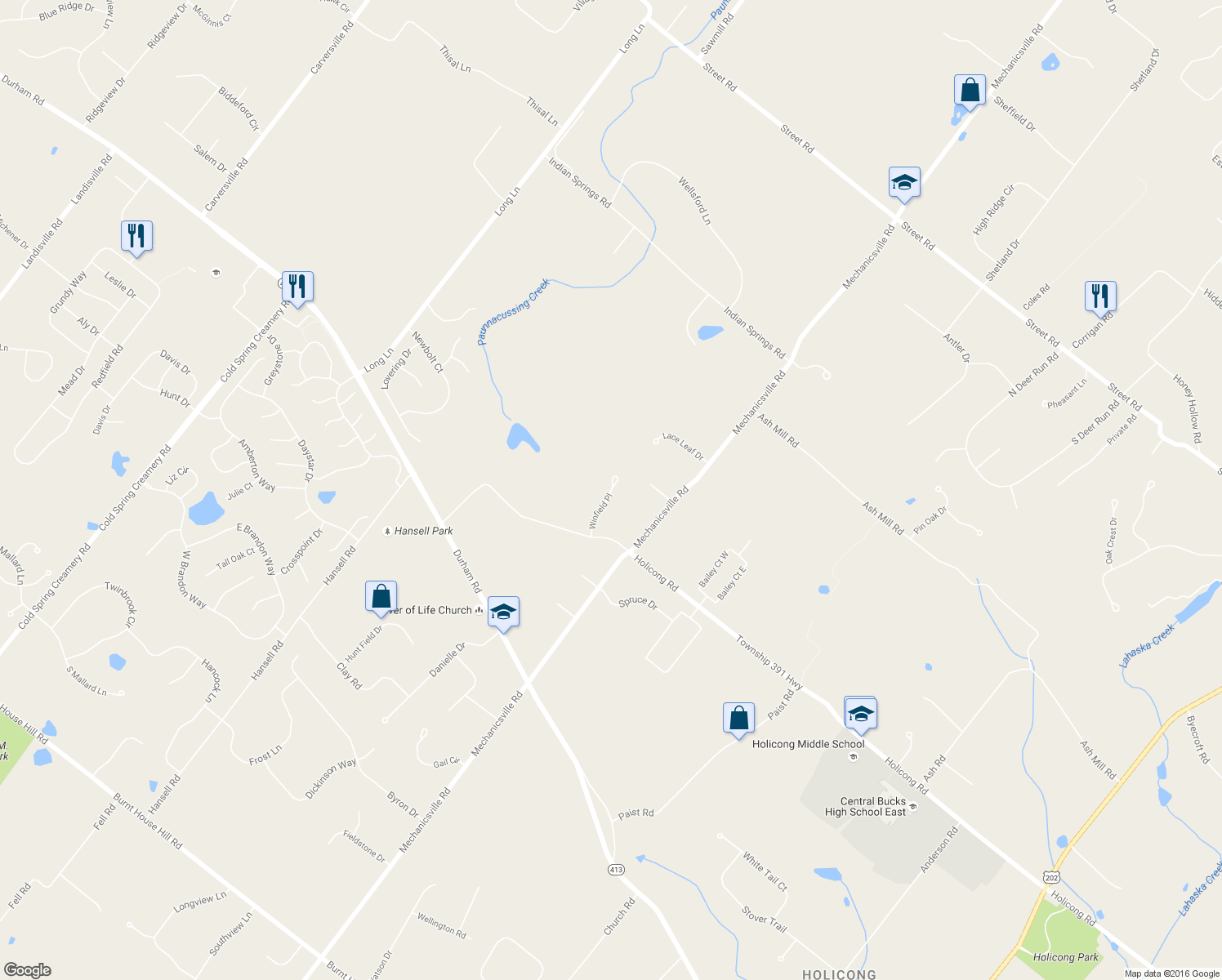map of restaurants, bars, coffee shops, grocery stores, and more near 5286 Winfield Place in Doylestown