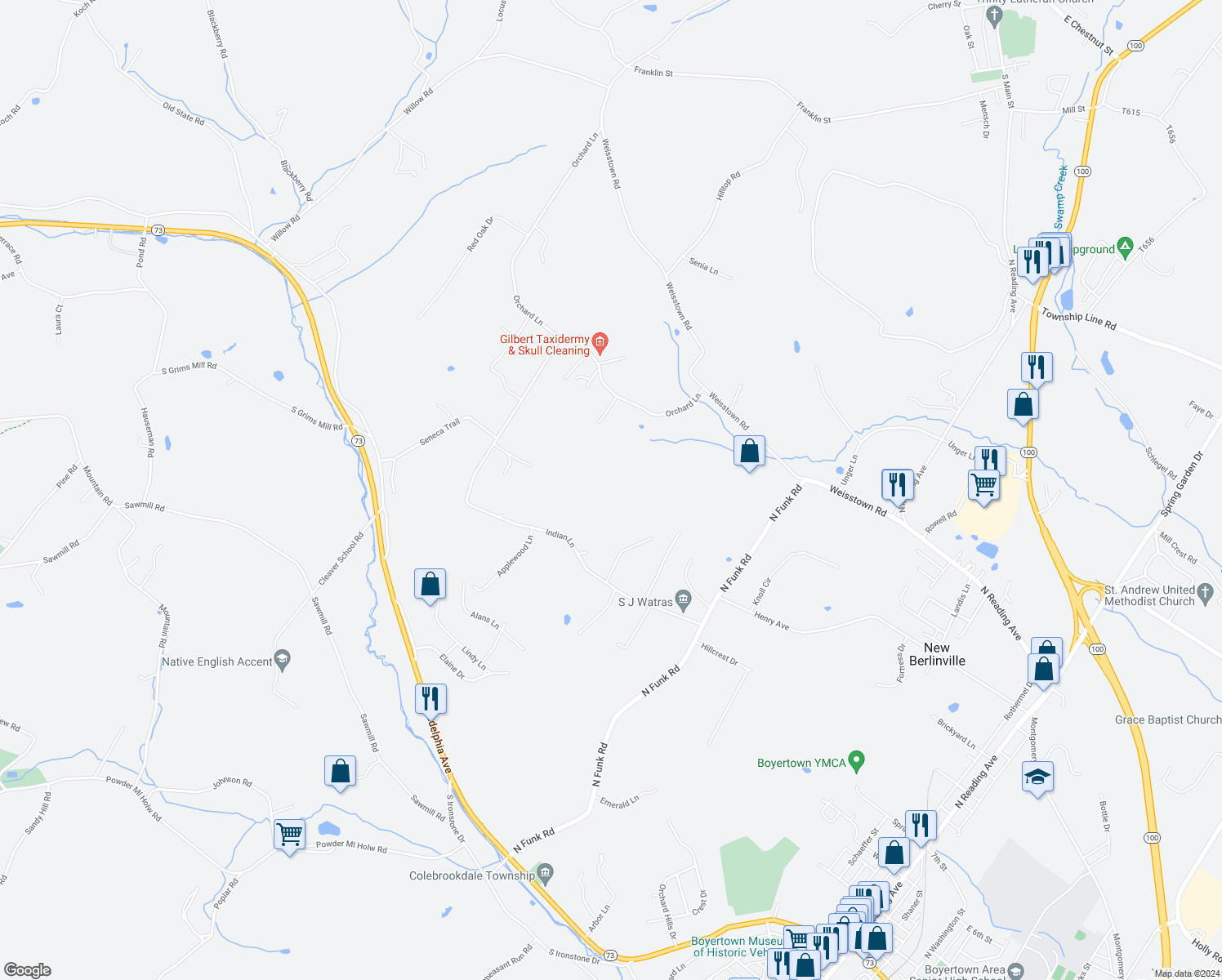 map of restaurants, bars, coffee shops, grocery stores, and more near 250 Indian Lane in Boyertown