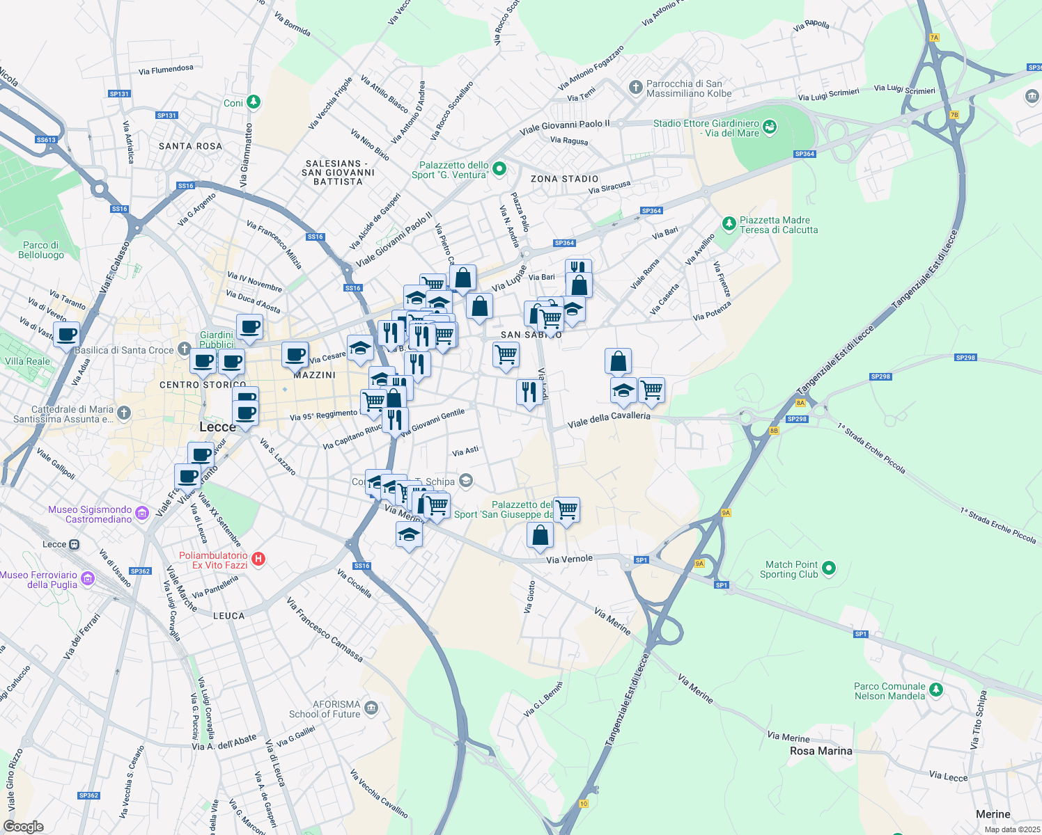 map of restaurants, bars, coffee shops, grocery stores, and more near 34-38 Via Francesco de Mura in Lecce