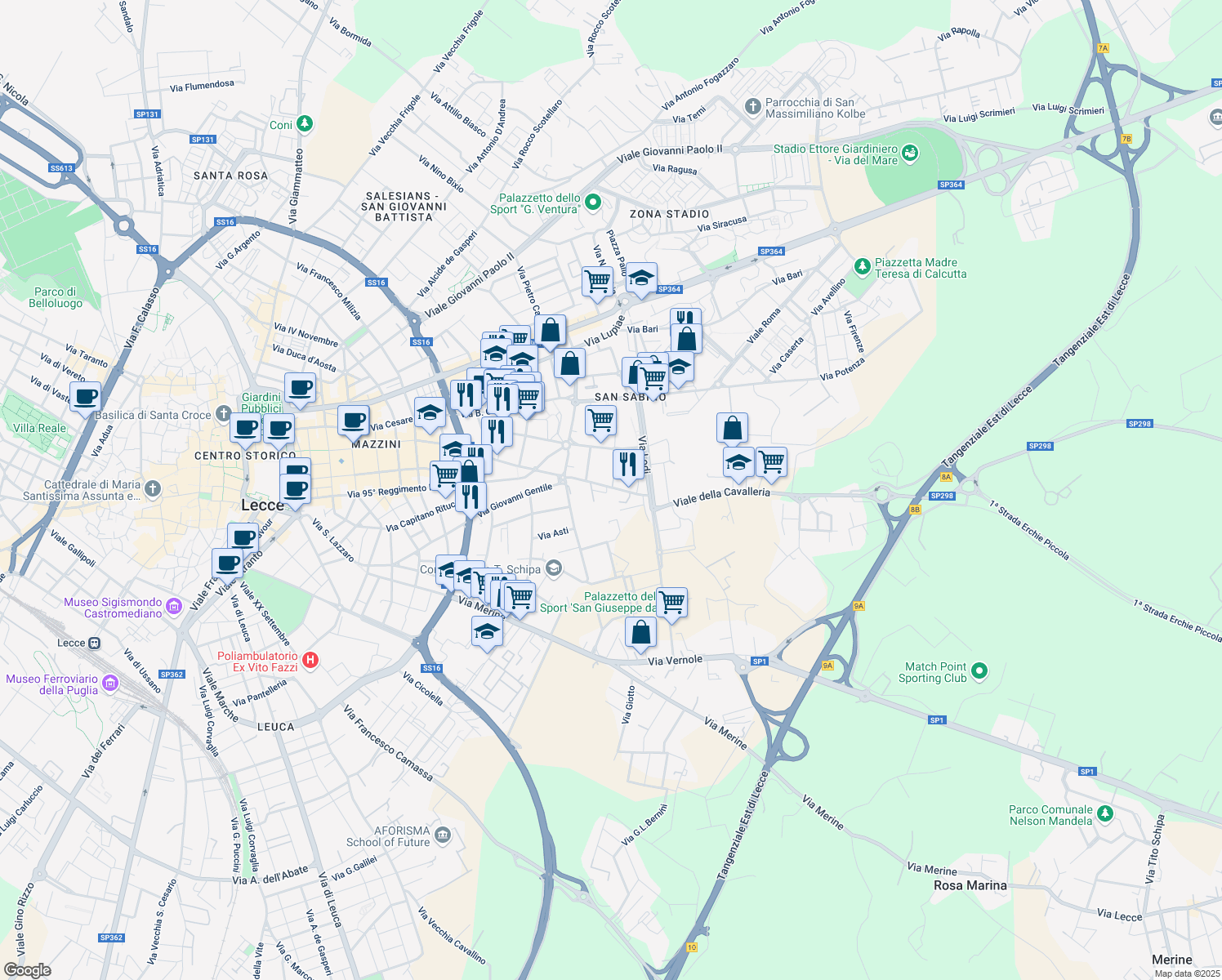 map of restaurants, bars, coffee shops, grocery stores, and more near 38 Via Francesco de Mura in San Cesario di Lecce