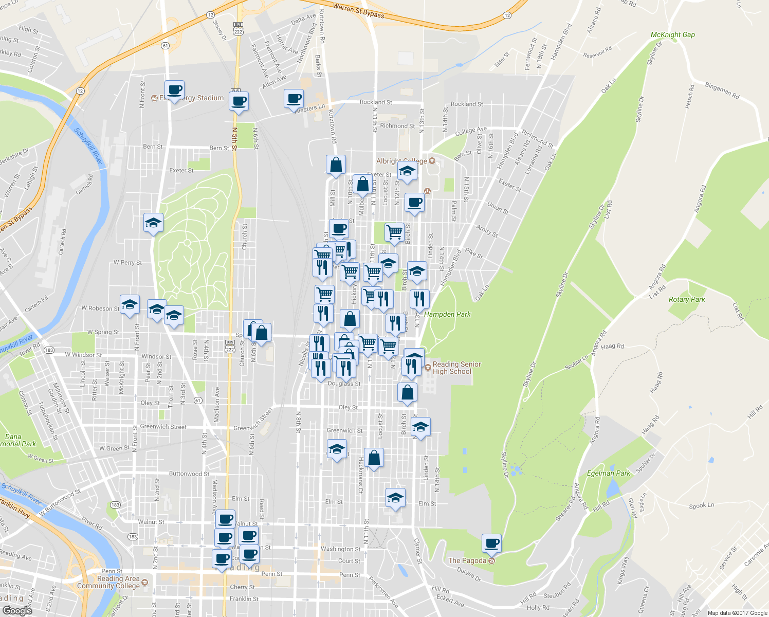 map of restaurants, bars, coffee shops, grocery stores, and more near 1113 Locust Street in Reading