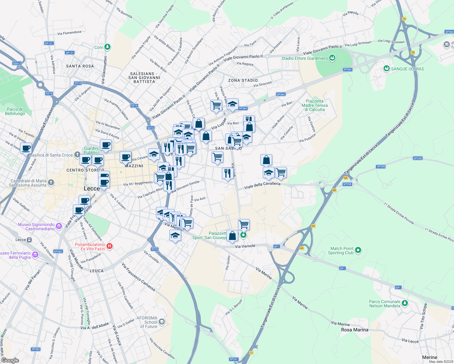 map of restaurants, bars, coffee shops, grocery stores, and more near 34-38 Via Francesco de Mura in Lecce
