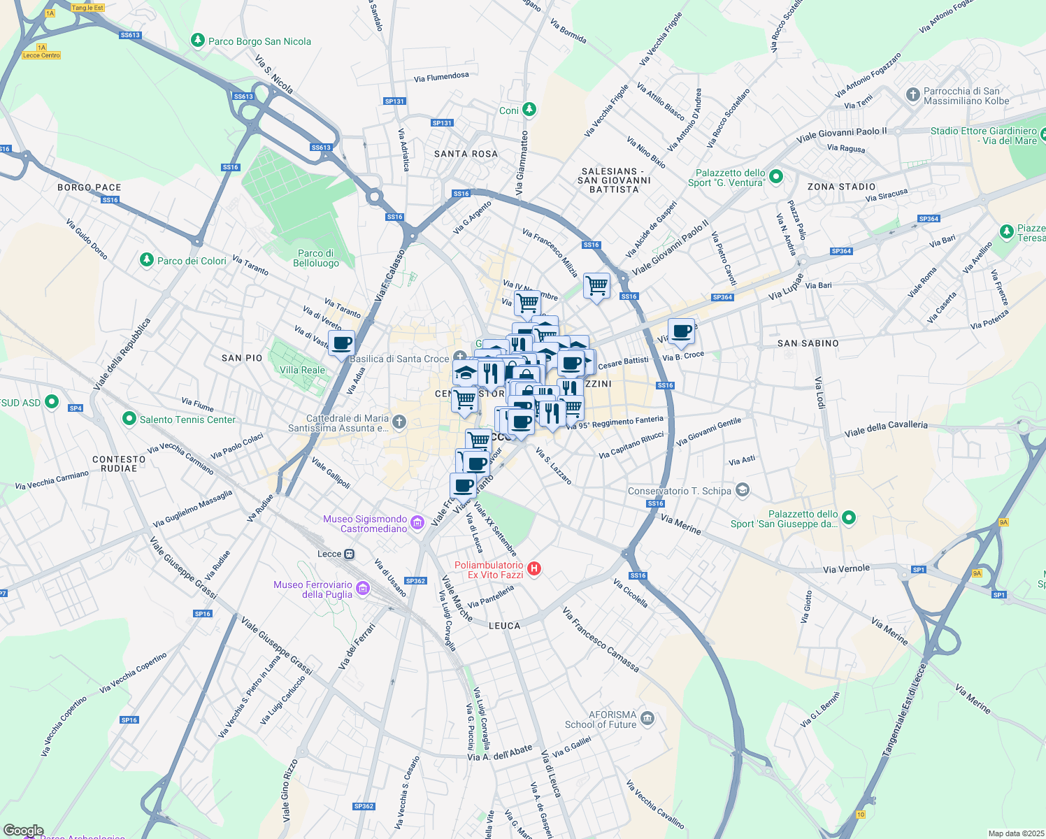 map of restaurants, bars, coffee shops, grocery stores, and more near 32 Via Salvatore Trinchese in Lecce