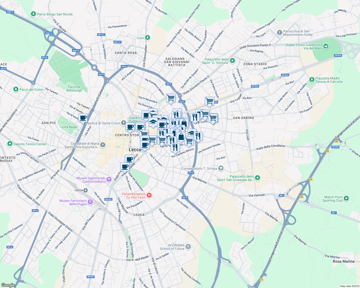 map of restaurants, bars, coffee shops, grocery stores, and more near in Lecce