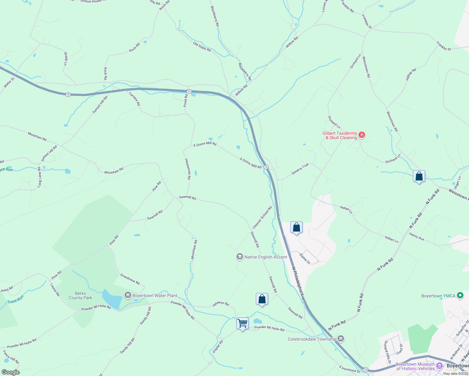 map of restaurants, bars, coffee shops, grocery stores, and more near 532 Sawmill Road in Boyertown