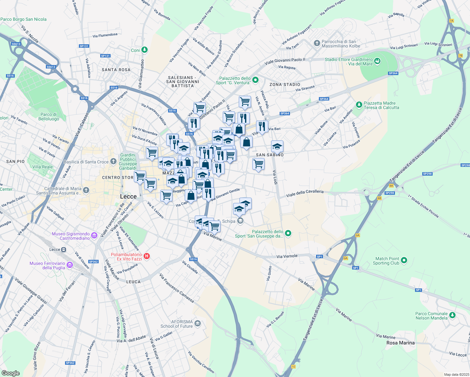 map of restaurants, bars, coffee shops, grocery stores, and more near 30 Via Antonio Gramsci in Lecce
