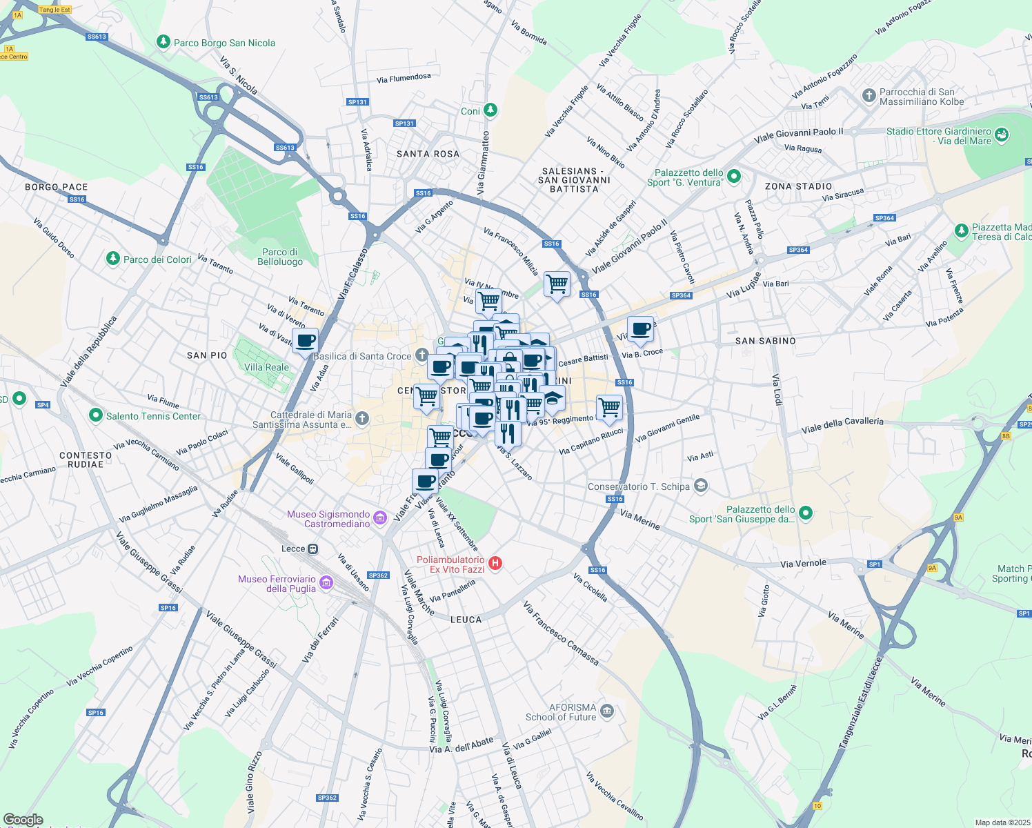 map of restaurants, bars, coffee shops, grocery stores, and more near in Lecce