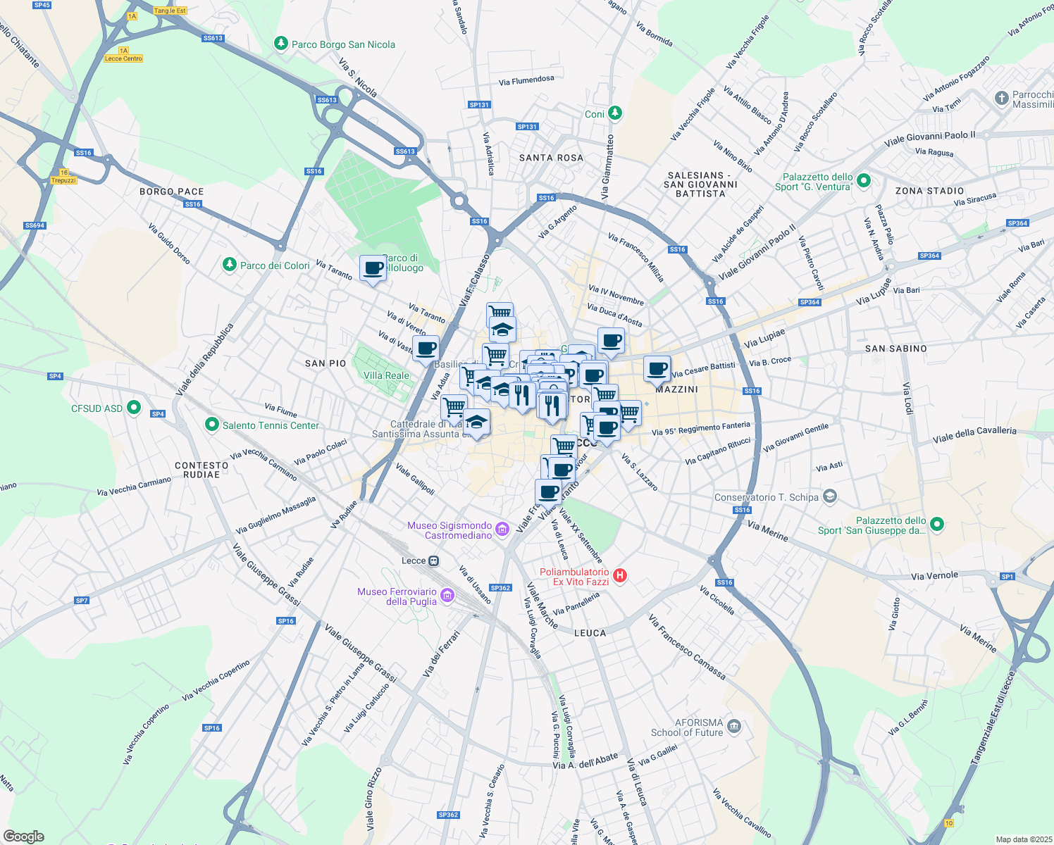 map of restaurants, bars, coffee shops, grocery stores, and more near 30 Via Augusto Imperatore in Lecce