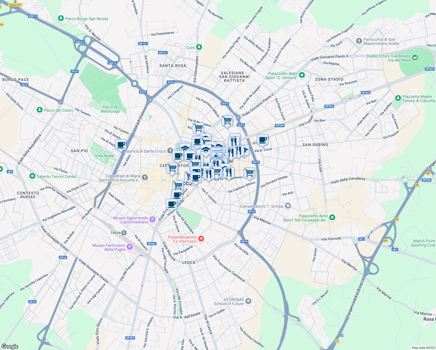 map of restaurants, bars, coffee shops, grocery stores, and more near 57 Piazza Mazzini Giuseppe in Lecce