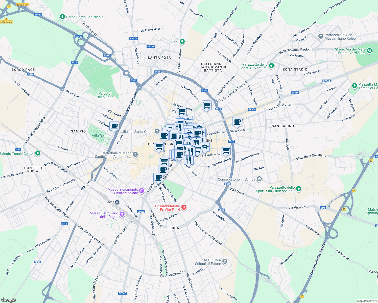 map of restaurants, bars, coffee shops, grocery stores, and more near in Lecce