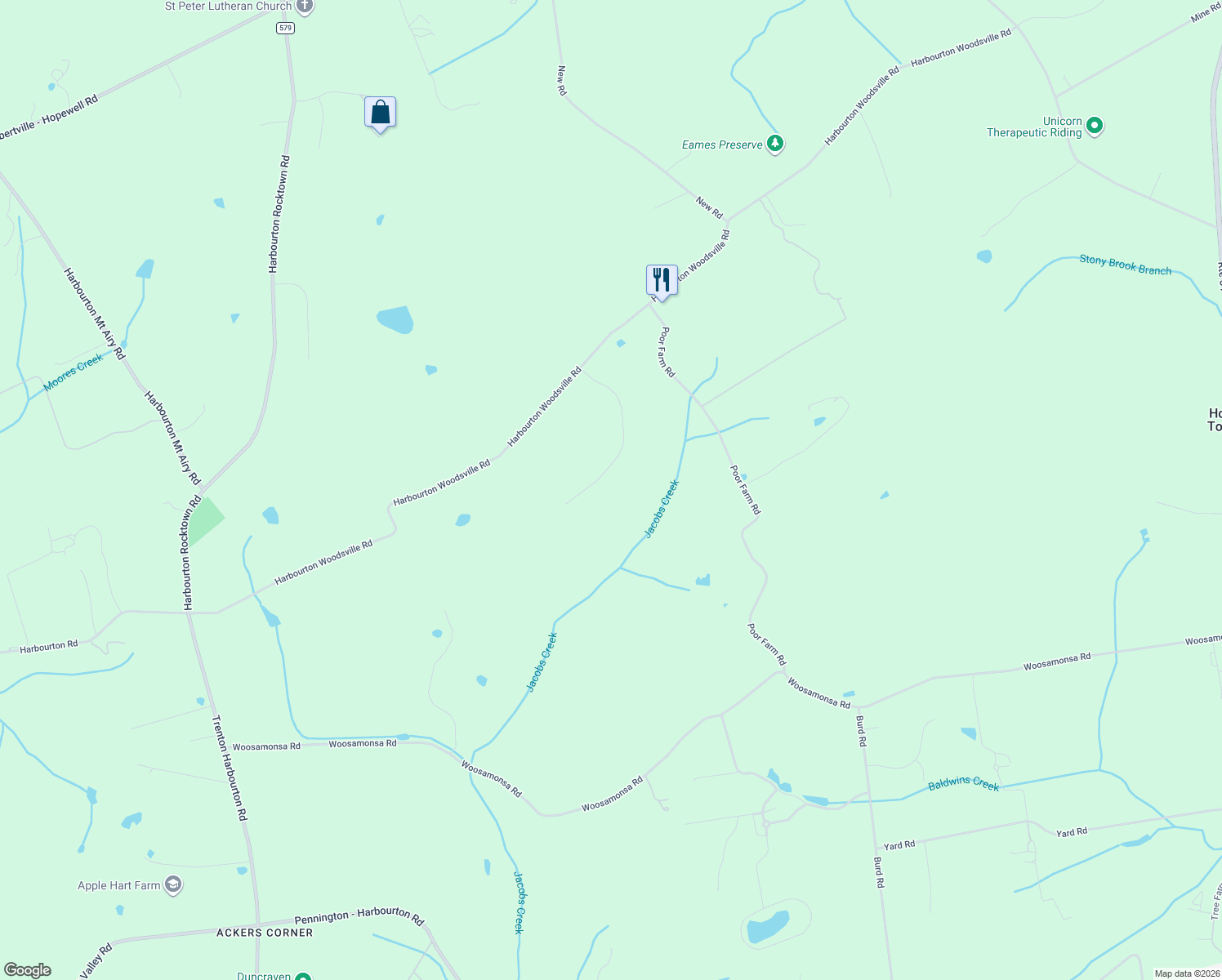 map of restaurants, bars, coffee shops, grocery stores, and more near 13 Harbourton Ridge Drive in Pennington