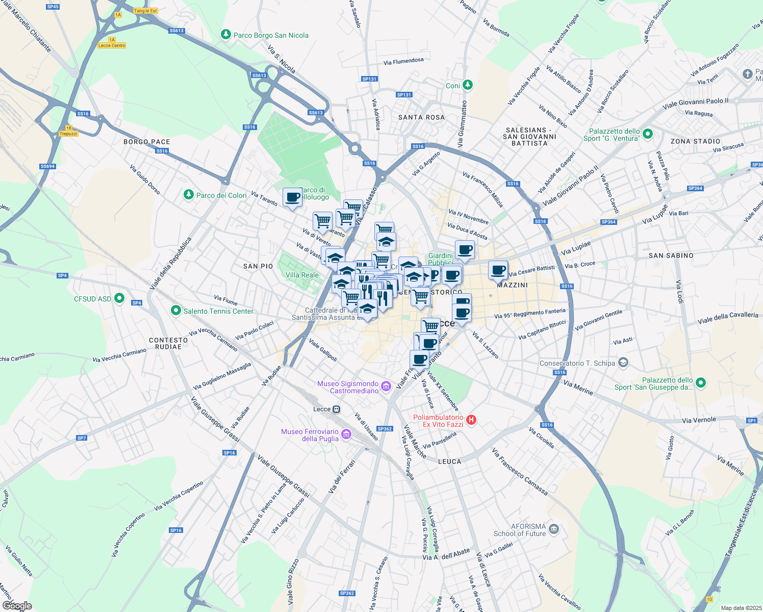 map of restaurants, bars, coffee shops, grocery stores, and more near 35 Via Vittorio Emanuele II in Lecce