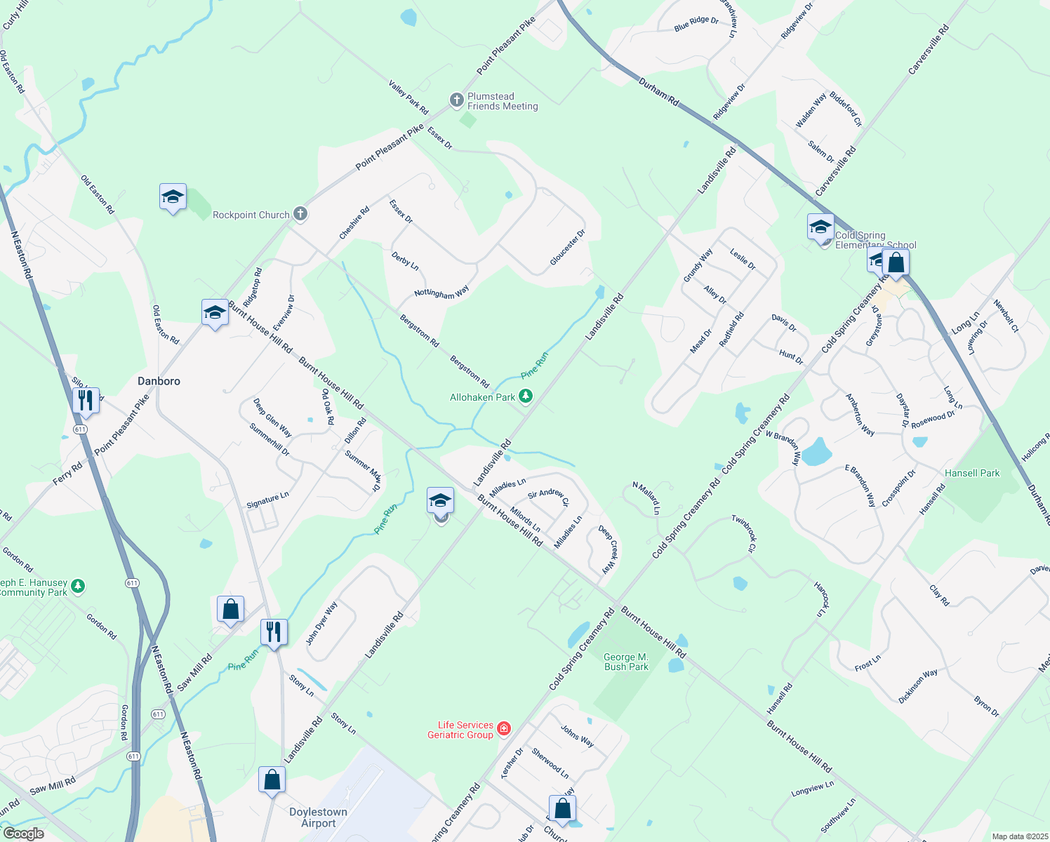 map of restaurants, bars, coffee shops, grocery stores, and more near 4626 Landisville Road in Doylestown