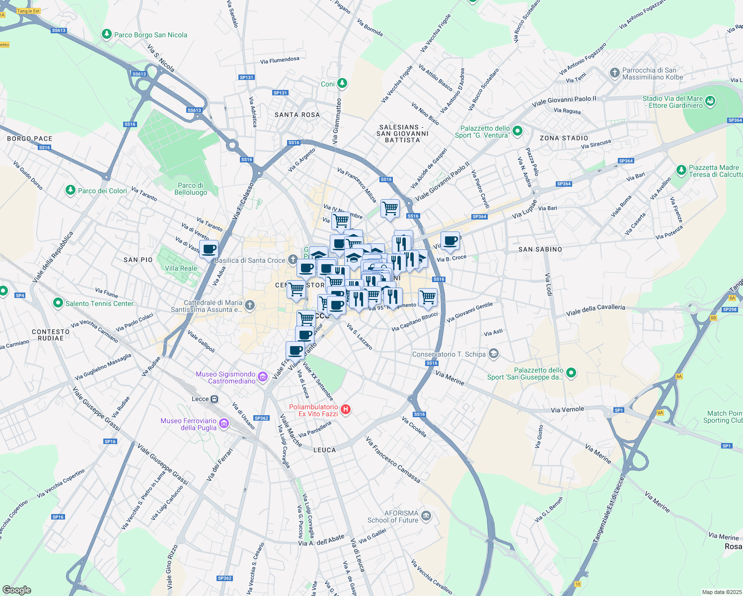 map of restaurants, bars, coffee shops, grocery stores, and more near 57 Piazza Mazzini Giuseppe in Lecce