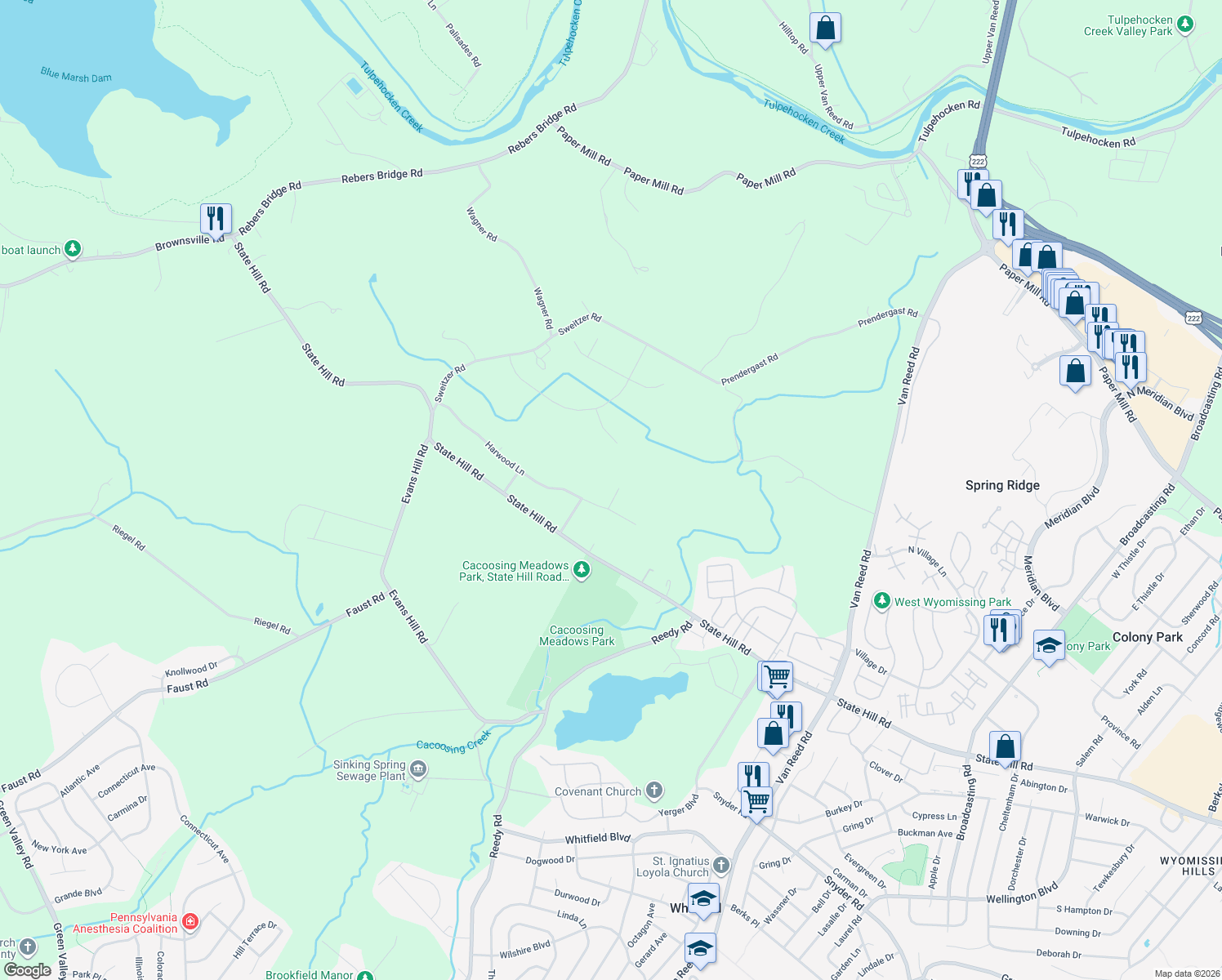 map of restaurants, bars, coffee shops, grocery stores, and more near 240 Bayberry Lane in Reading