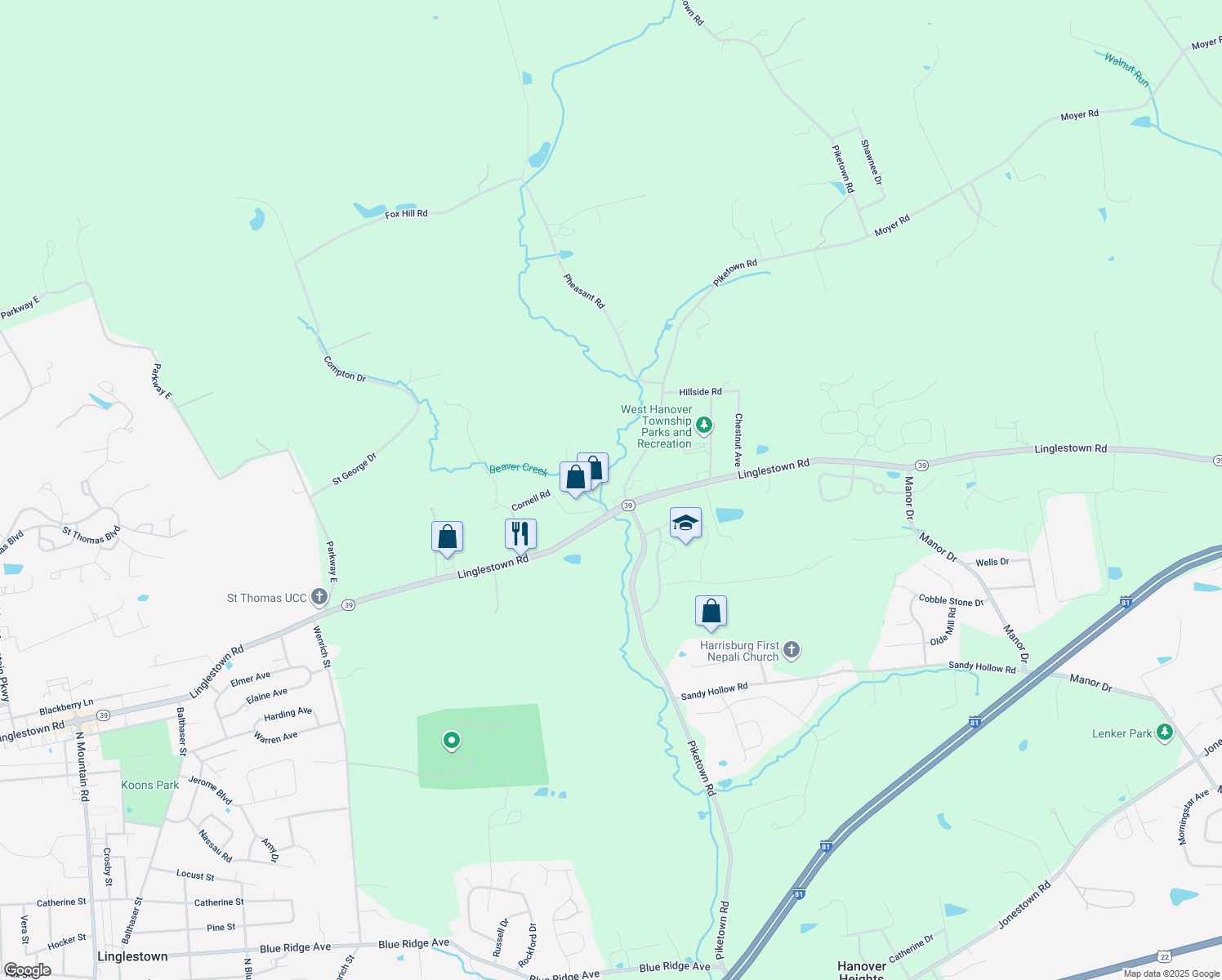 map of restaurants, bars, coffee shops, grocery stores, and more near 604 Piketown Road in Harrisburg