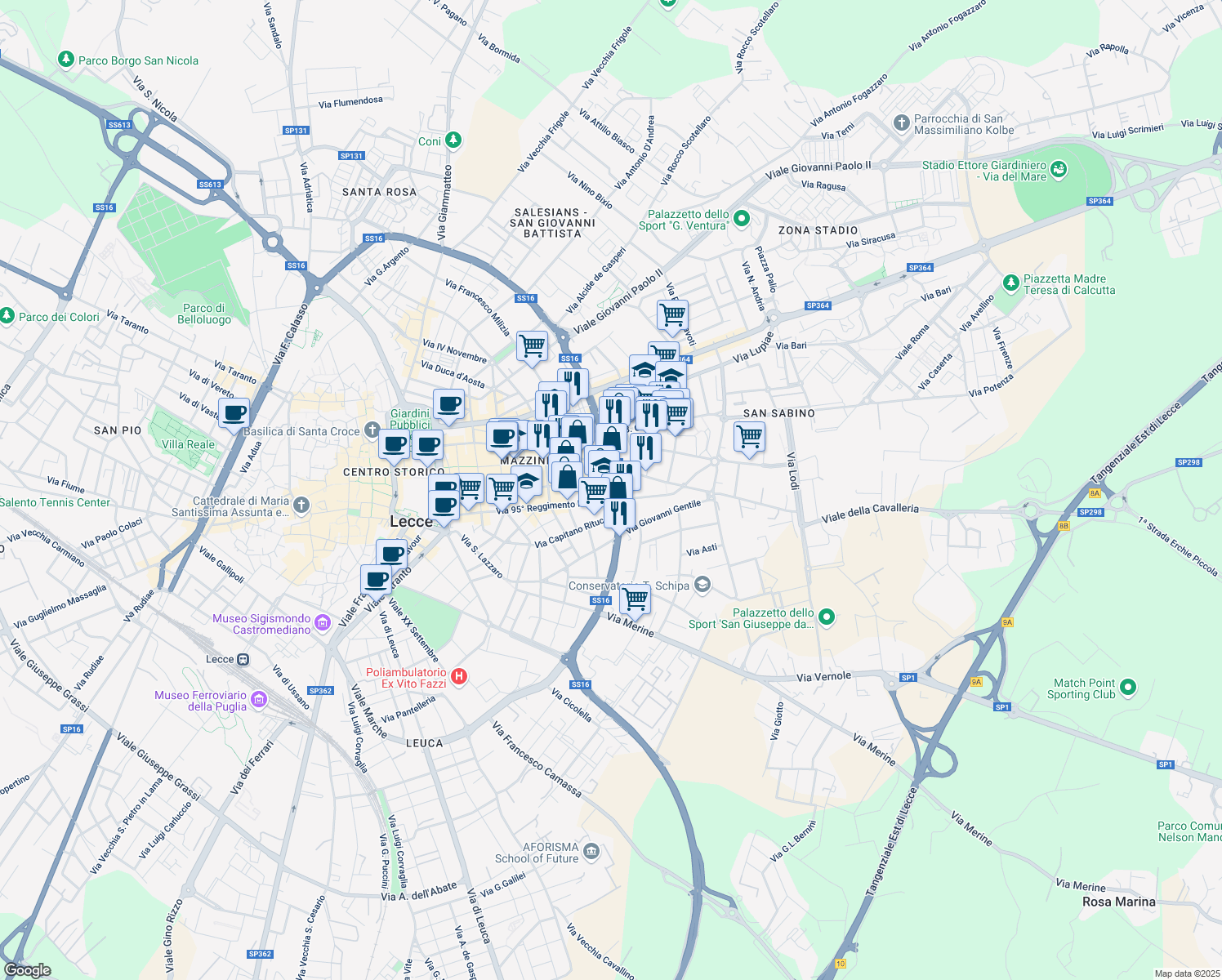 map of restaurants, bars, coffee shops, grocery stores, and more near 3 Via Vincenzo Balsamo in Lecce