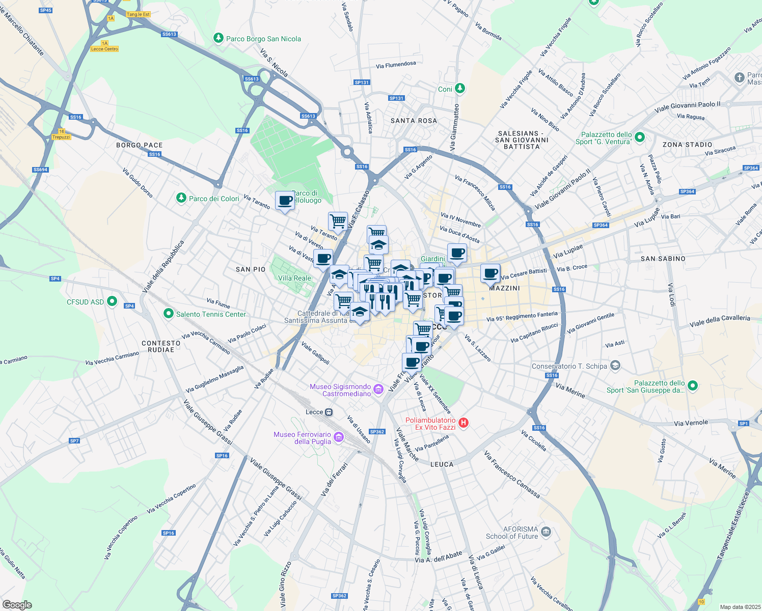 map of restaurants, bars, coffee shops, grocery stores, and more near 35 Via Vittorio Emanuele II in Lecce