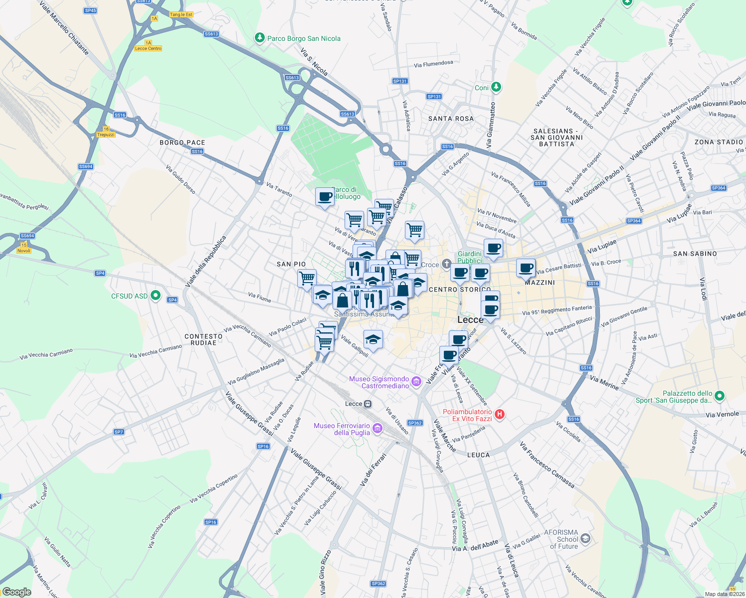 map of restaurants, bars, coffee shops, grocery stores, and more near 1-9 Corte Santo Stefano delle Canne in Lecce