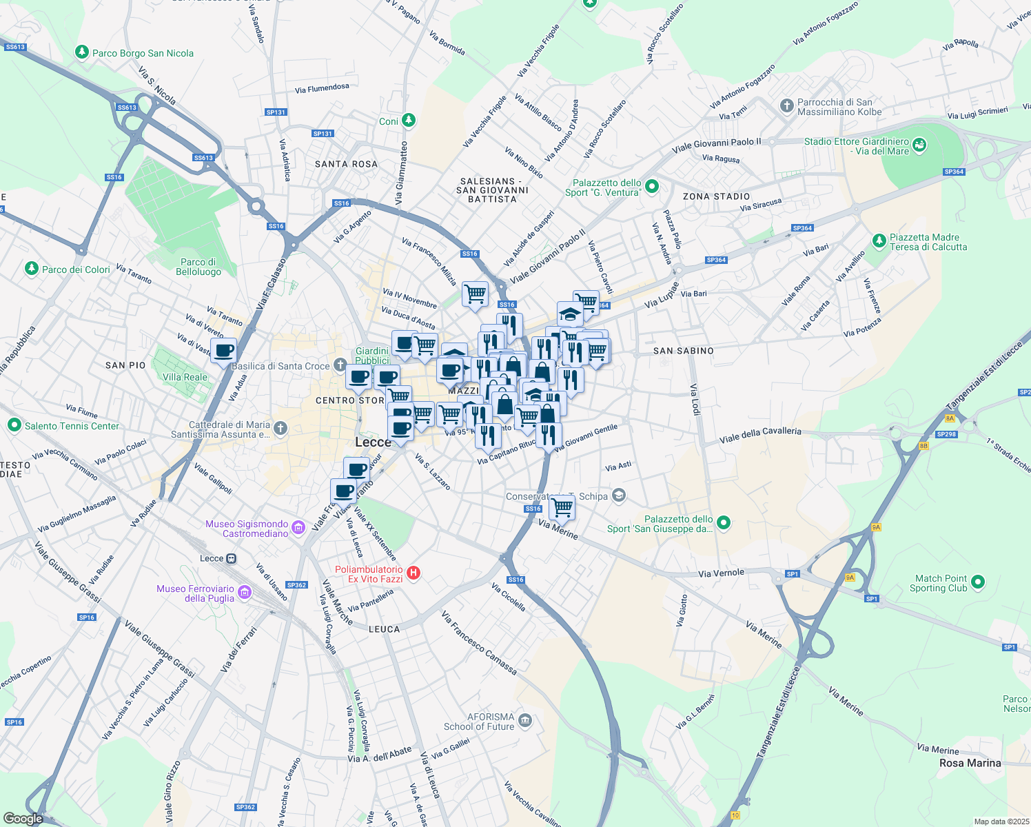 map of restaurants, bars, coffee shops, grocery stores, and more near 65 Via Guglielmo Oberdan in Lecce