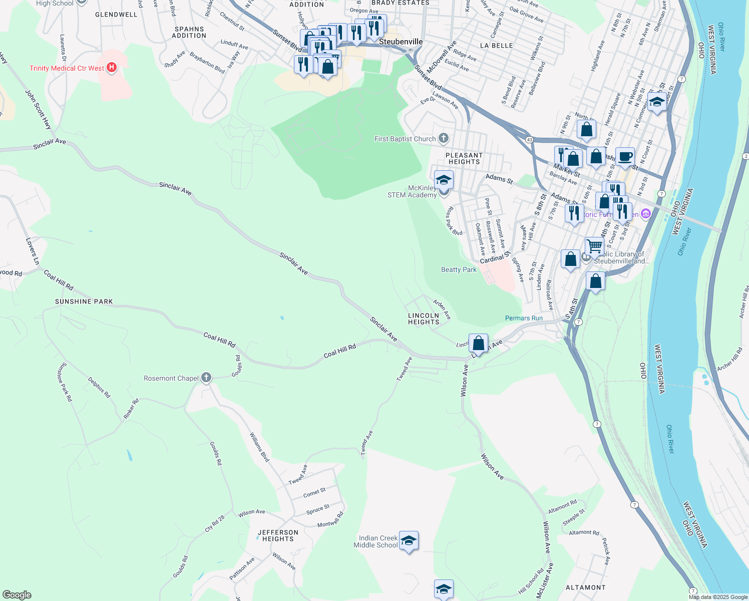 map of restaurants, bars, coffee shops, grocery stores, and more near 1335 Sinclair Avenue in Steubenville