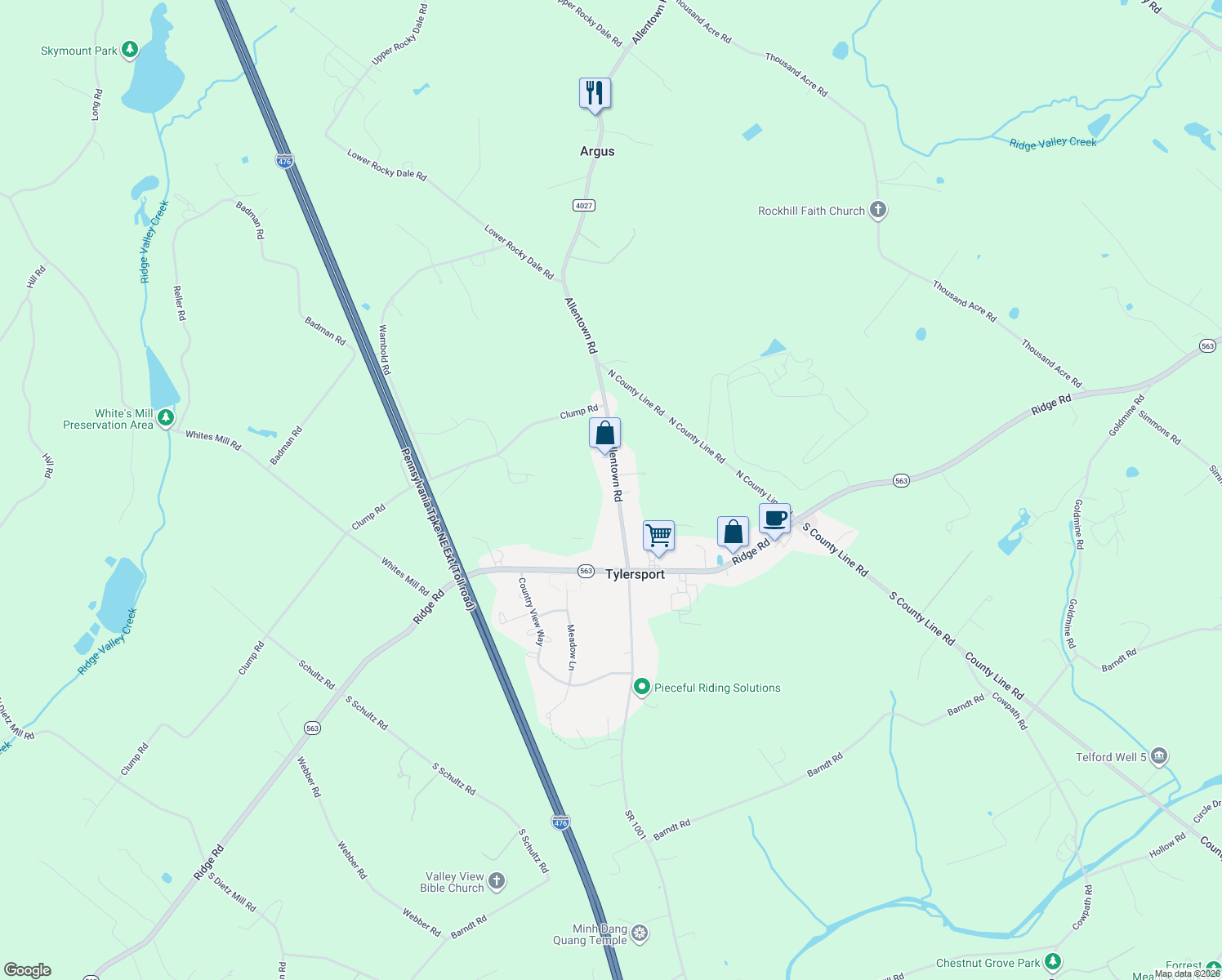 map of restaurants, bars, coffee shops, grocery stores, and more near 50 North Allentown Road in Telford