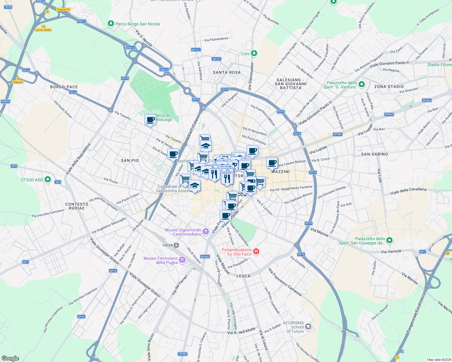 map of restaurants, bars, coffee shops, grocery stores, and more near 32 Piazza Sant'Oronzo in Lecce