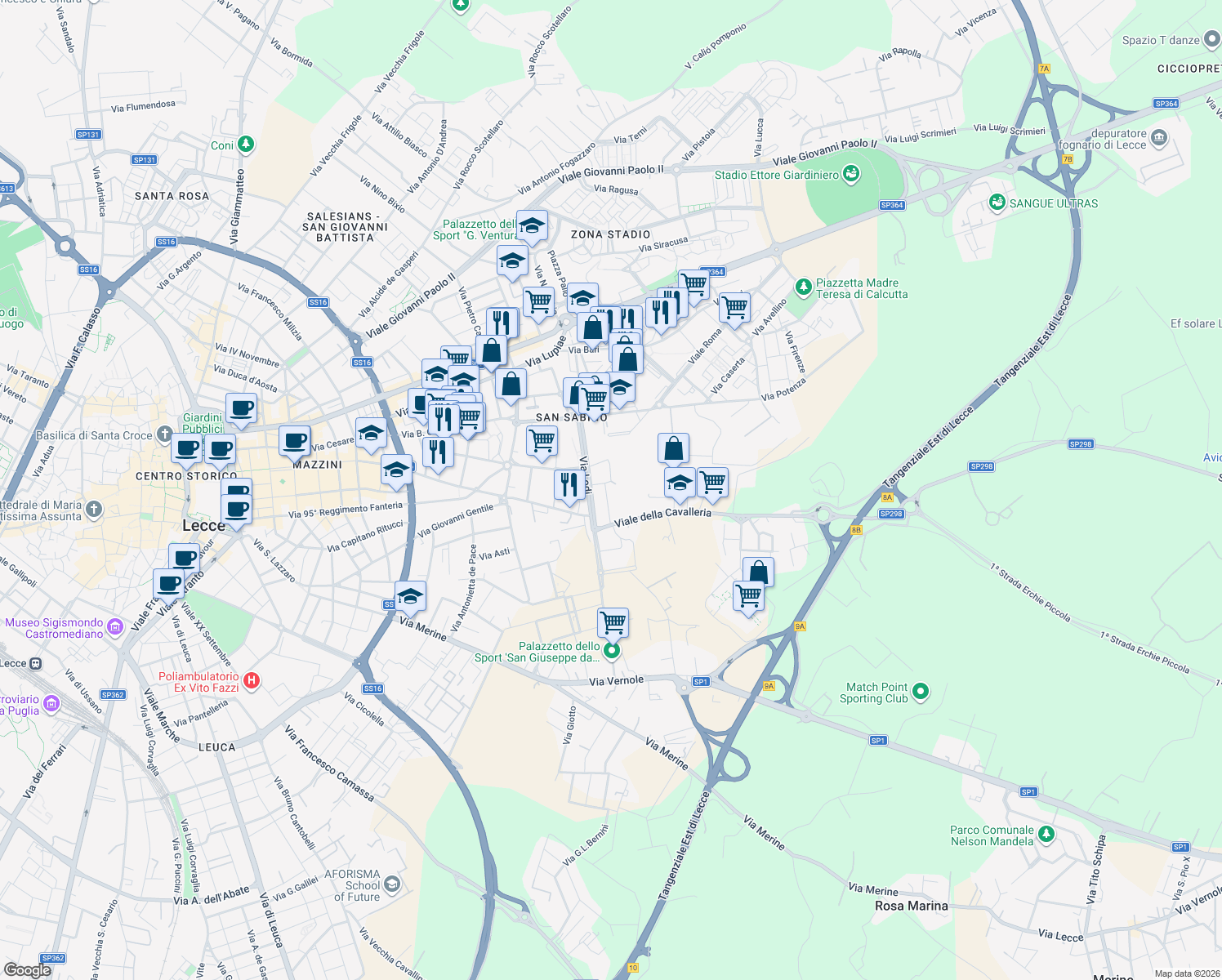 map of restaurants, bars, coffee shops, grocery stores, and more near Via Fiesole in Lecce