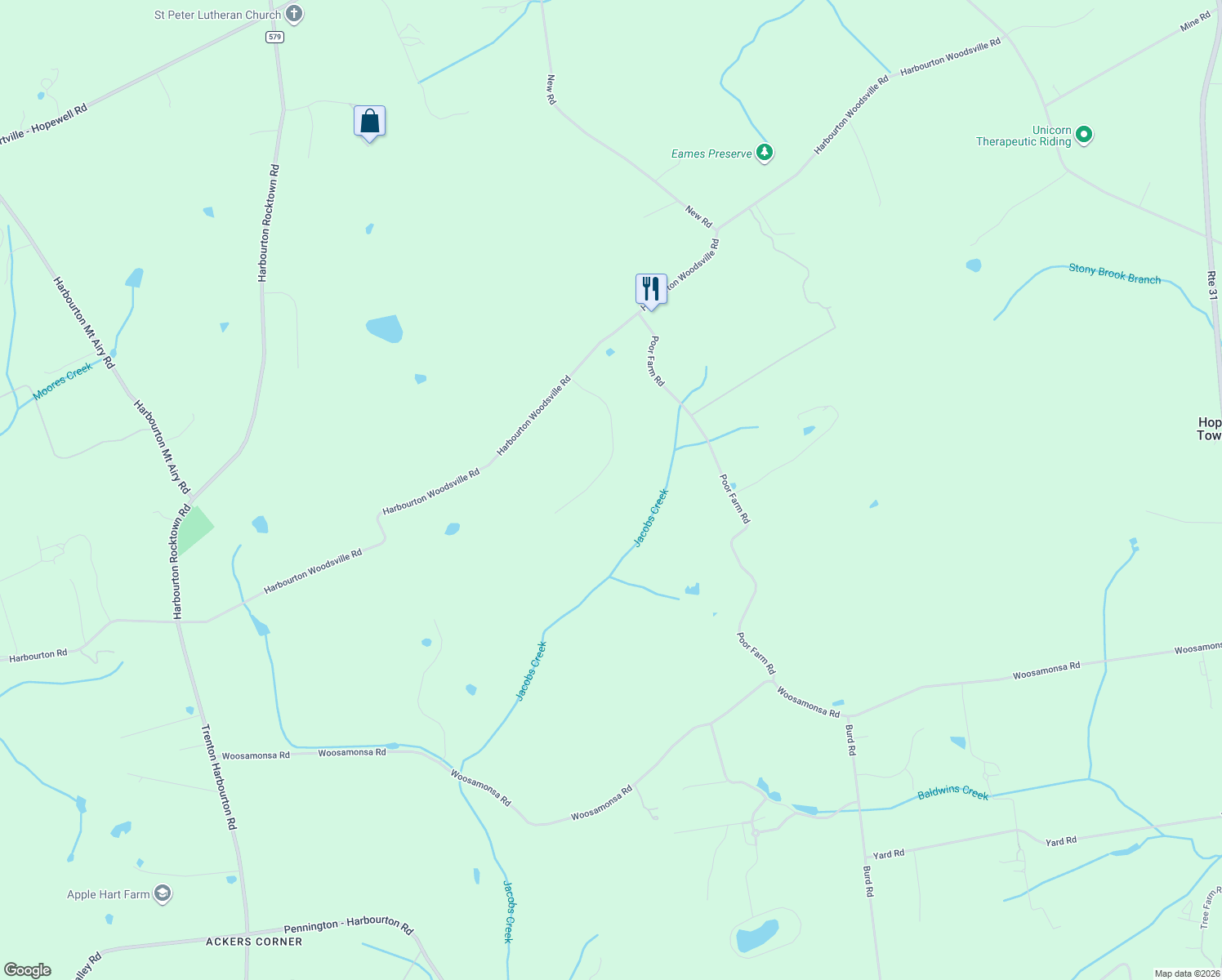 map of restaurants, bars, coffee shops, grocery stores, and more near 13 Harbourton Ridge Drive in Pennington