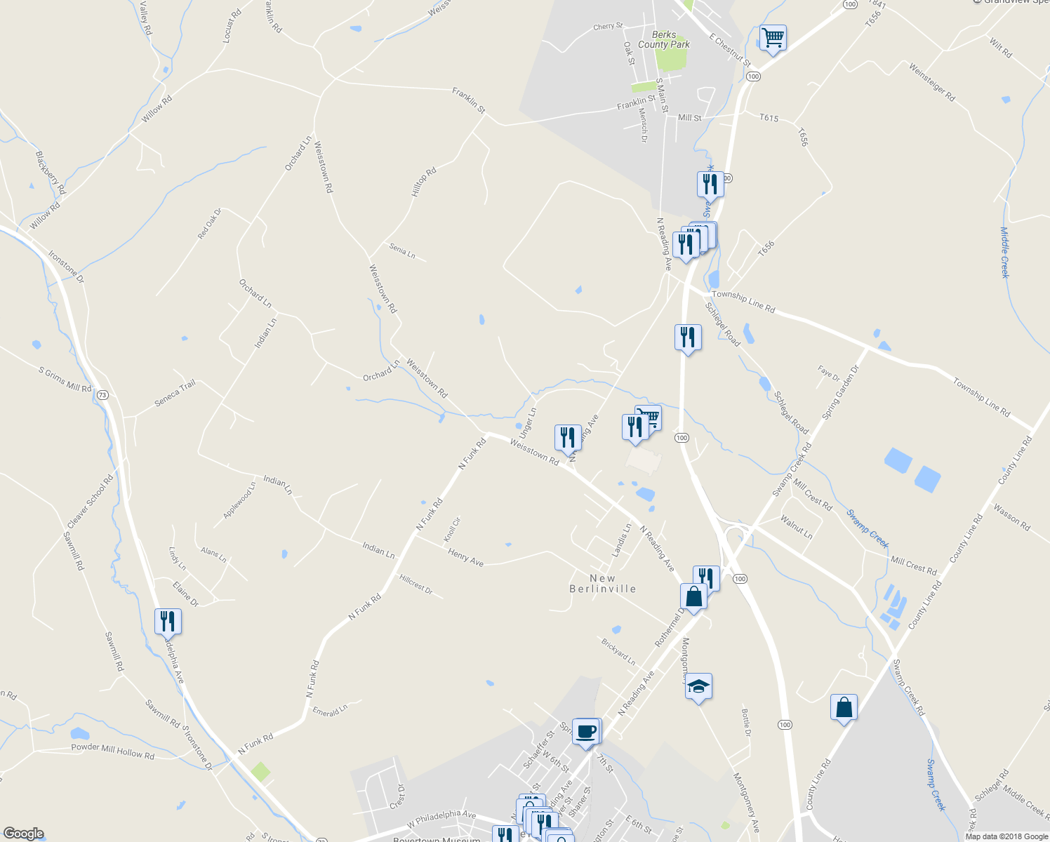 map of restaurants, bars, coffee shops, grocery stores, and more near 835 Unger Lane in Boyertown