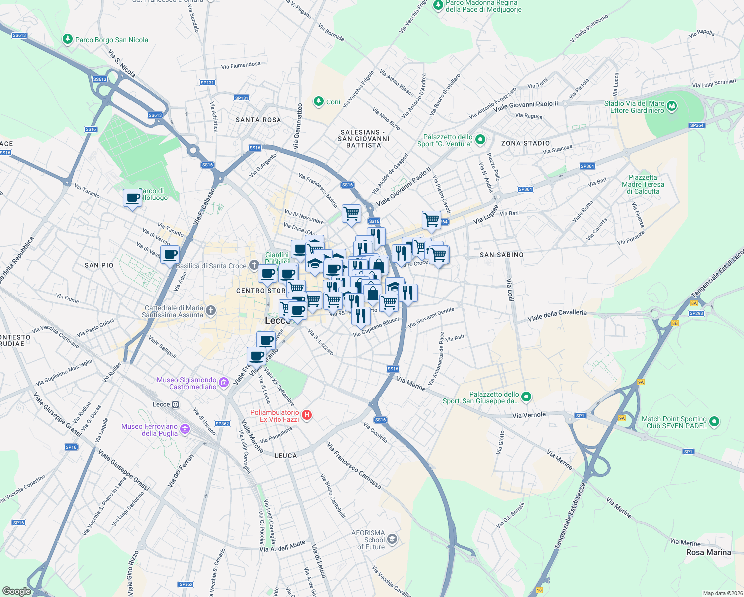 map of restaurants, bars, coffee shops, grocery stores, and more near in Lecce