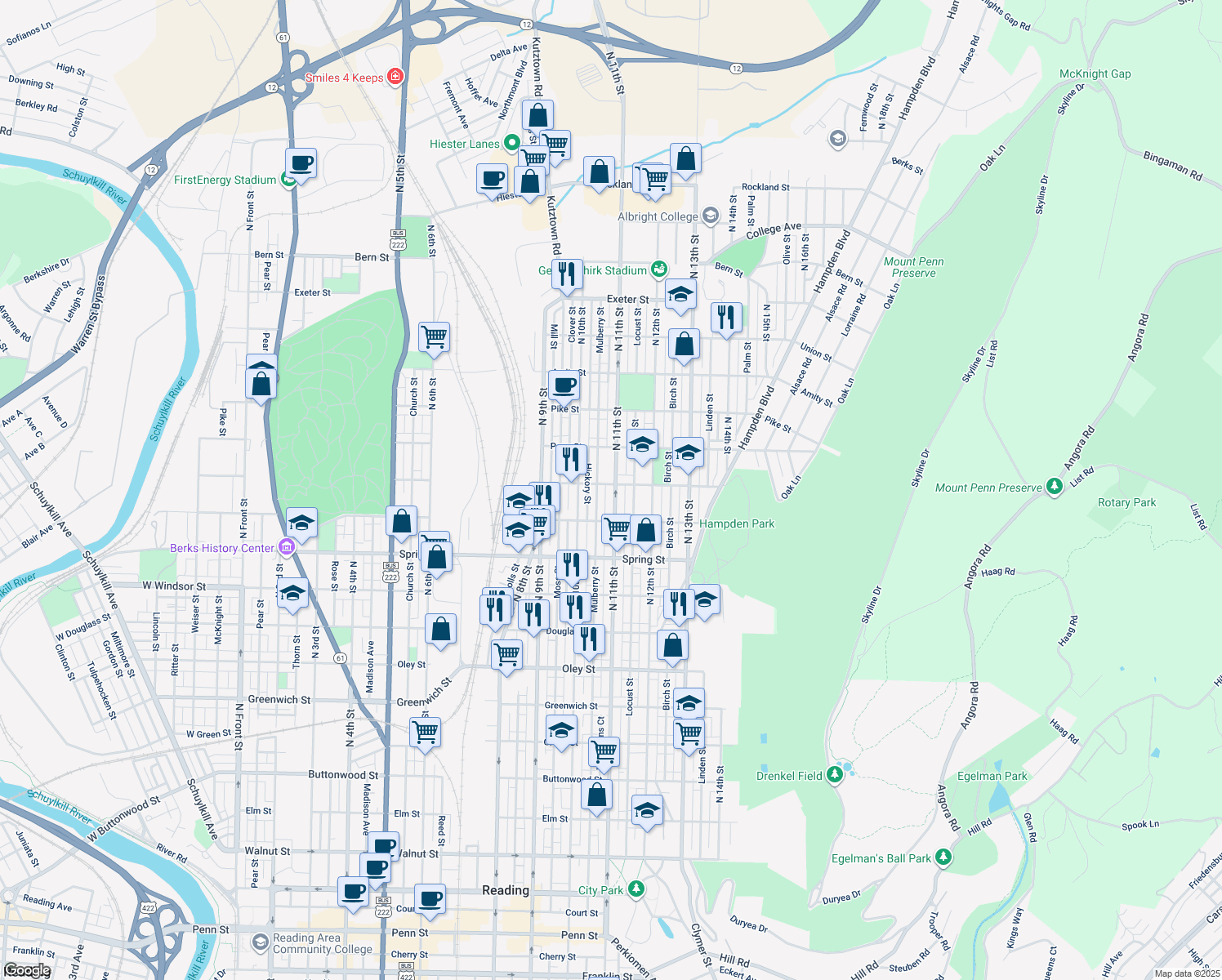 map of restaurants, bars, coffee shops, grocery stores, and more near 1154 North 11th Street in Reading