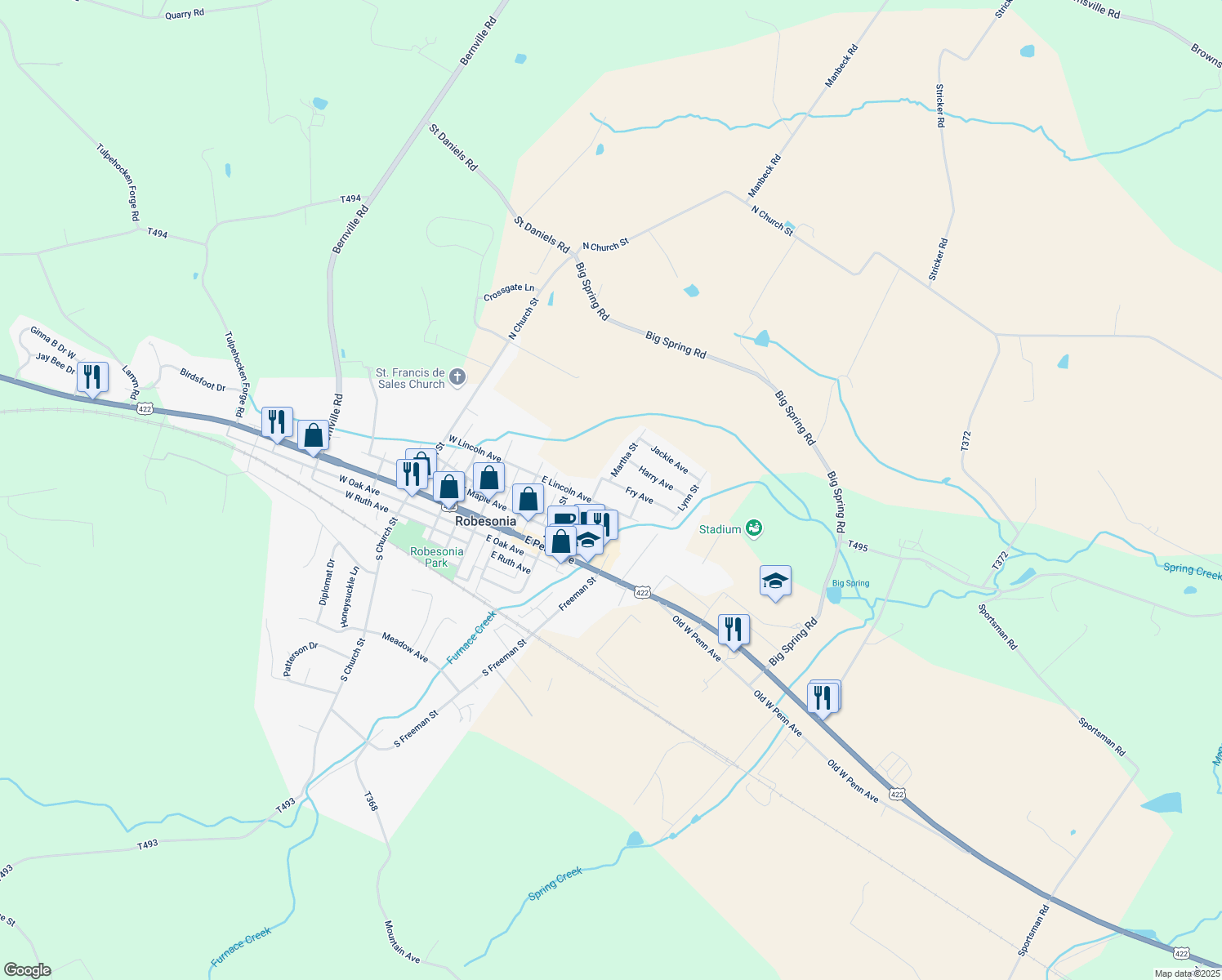 map of restaurants, bars, coffee shops, grocery stores, and more near 310 Fry Avenue in Robesonia
