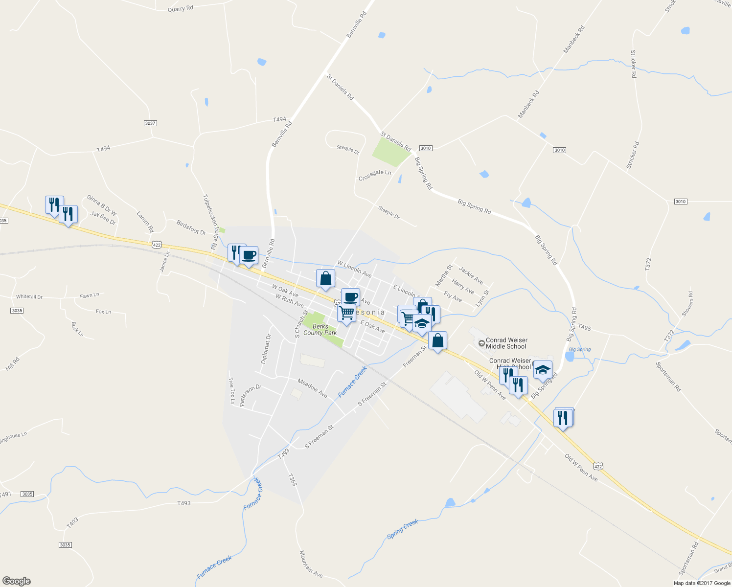 map of restaurants, bars, coffee shops, grocery stores, and more near 103 North Robeson Street in Reading