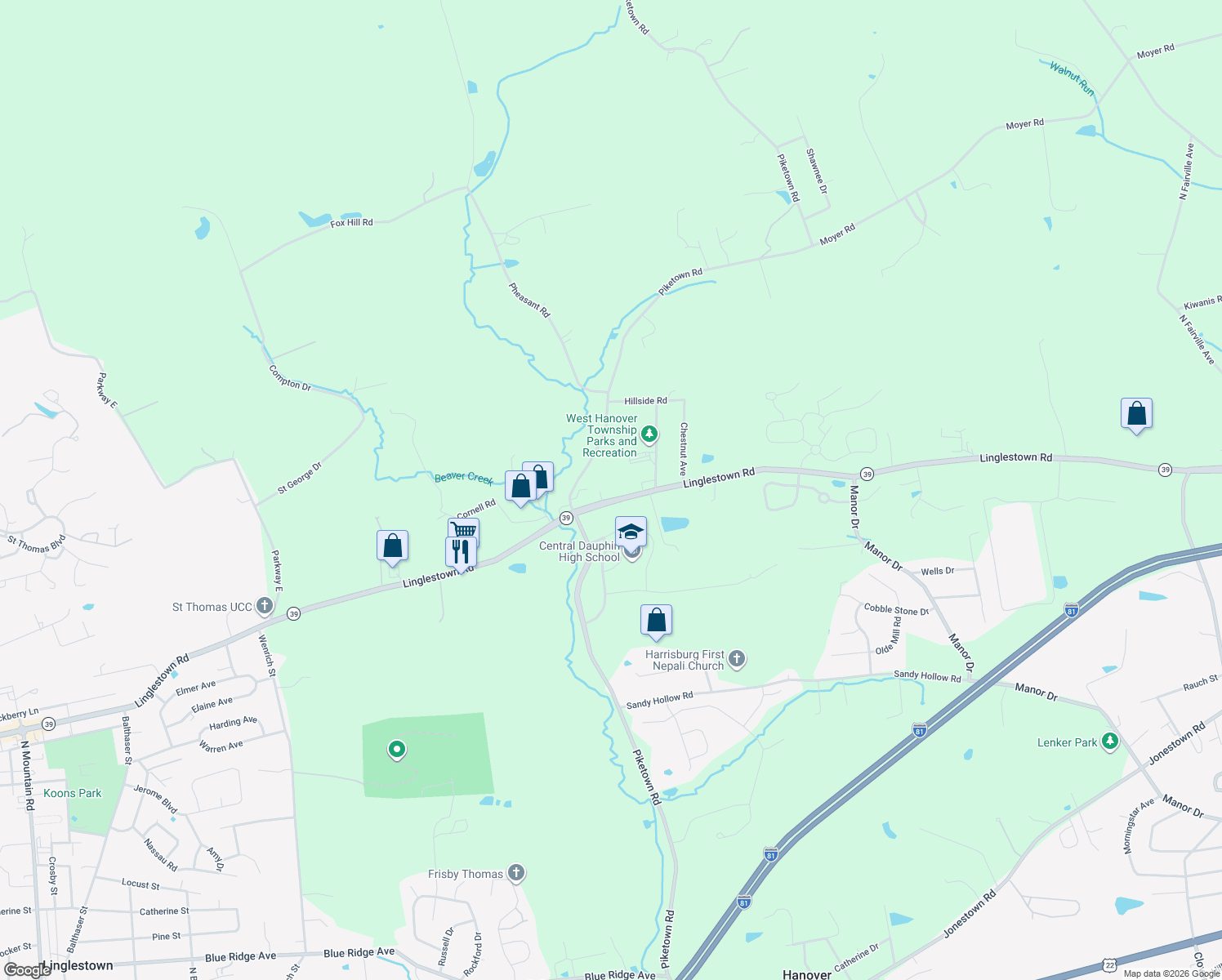 map of restaurants, bars, coffee shops, grocery stores, and more near 7028 Linglestown Rd in Harrisburg