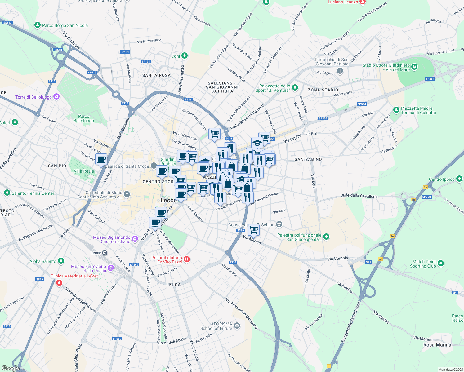 map of restaurants, bars, coffee shops, grocery stores, and more near 65 Via G. Oberdan in Lecce