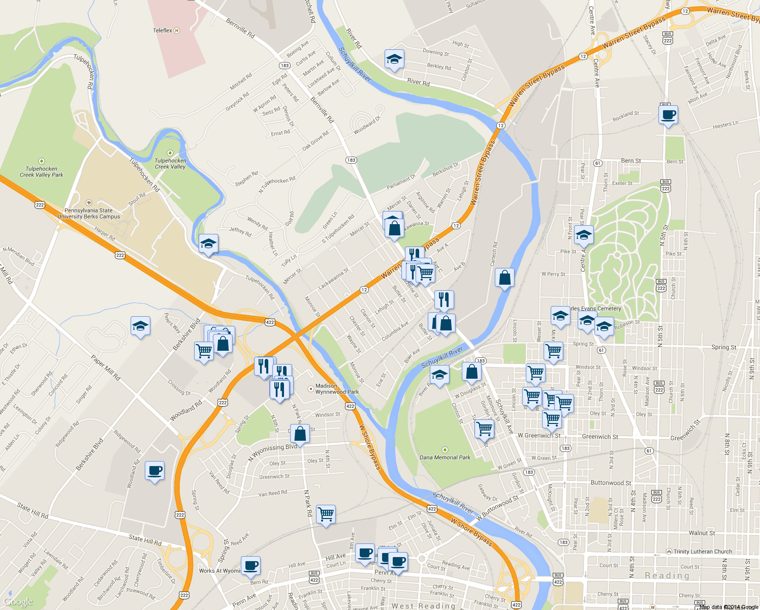 map of restaurants, bars, coffee shops, grocery stores, and more near 1301 Allegheny Avenue in Reading
