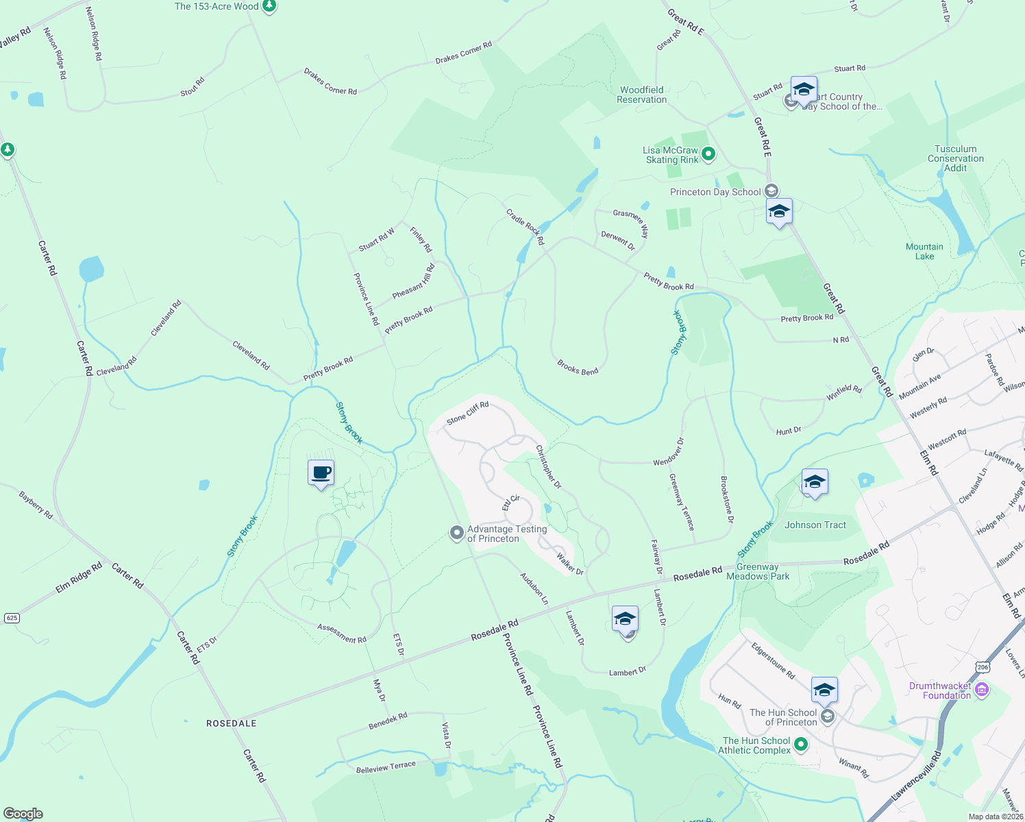 map of restaurants, bars, coffee shops, grocery stores, and more near 44 Stone Cliff Road in Princeton