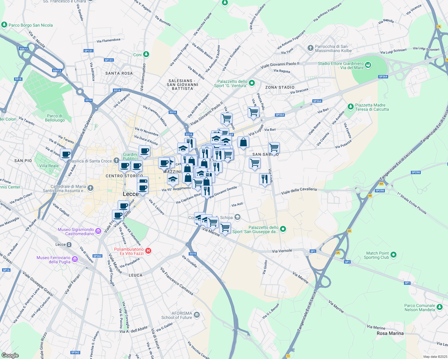 map of restaurants, bars, coffee shops, grocery stores, and more near 30 Via Antonio Gramsci in Lecce