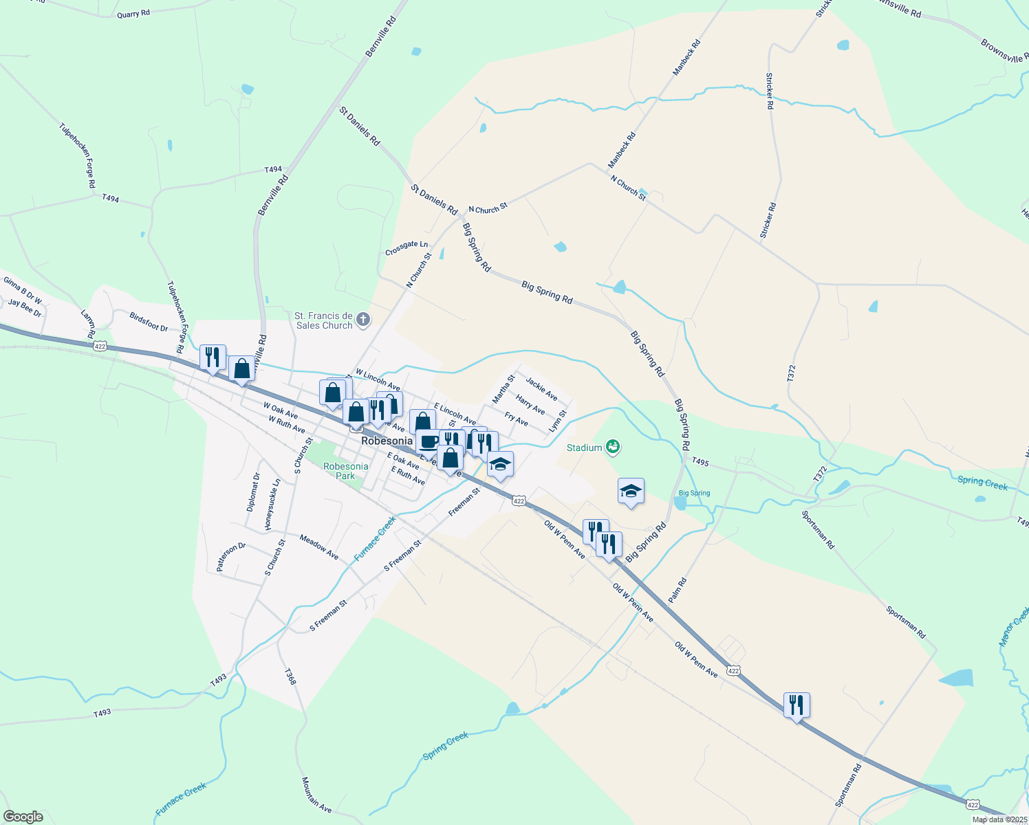 map of restaurants, bars, coffee shops, grocery stores, and more near 327 Fry Avenue in Robesonia
