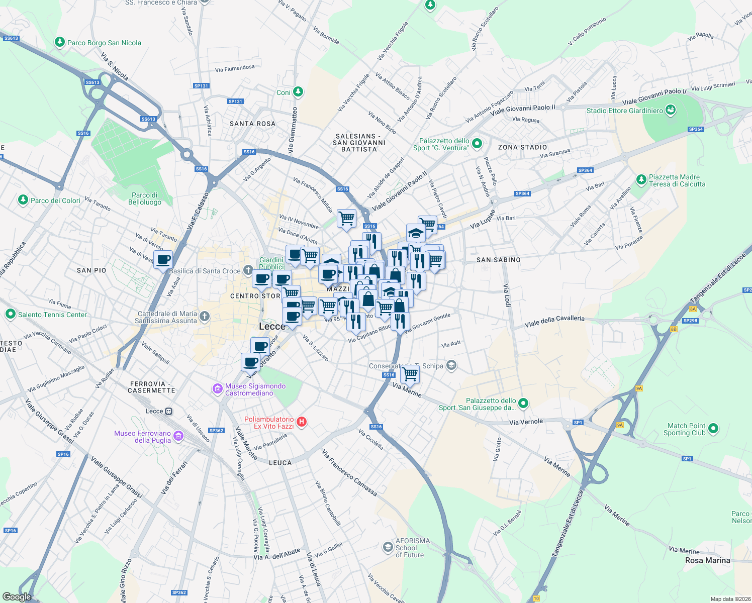 map of restaurants, bars, coffee shops, grocery stores, and more near 65 Via Guglielmo Oberdan in Lecce