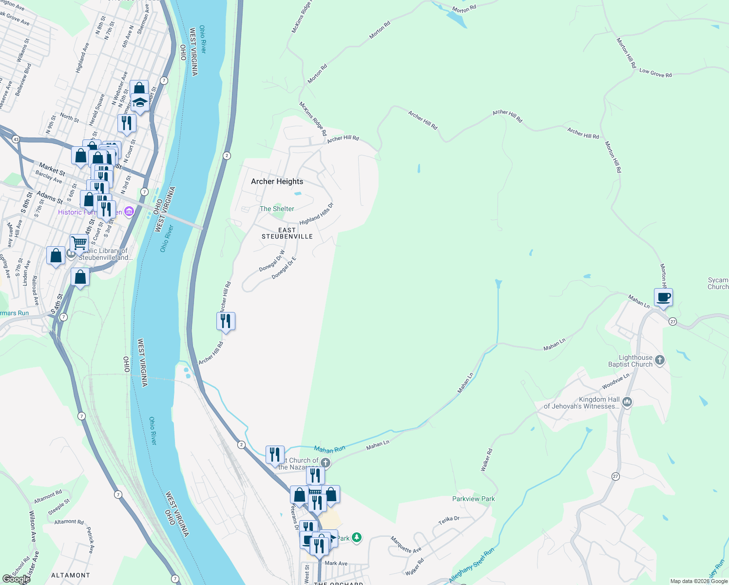 map of restaurants, bars, coffee shops, grocery stores, and more near 900 Robin Hood Drive in Follansbee