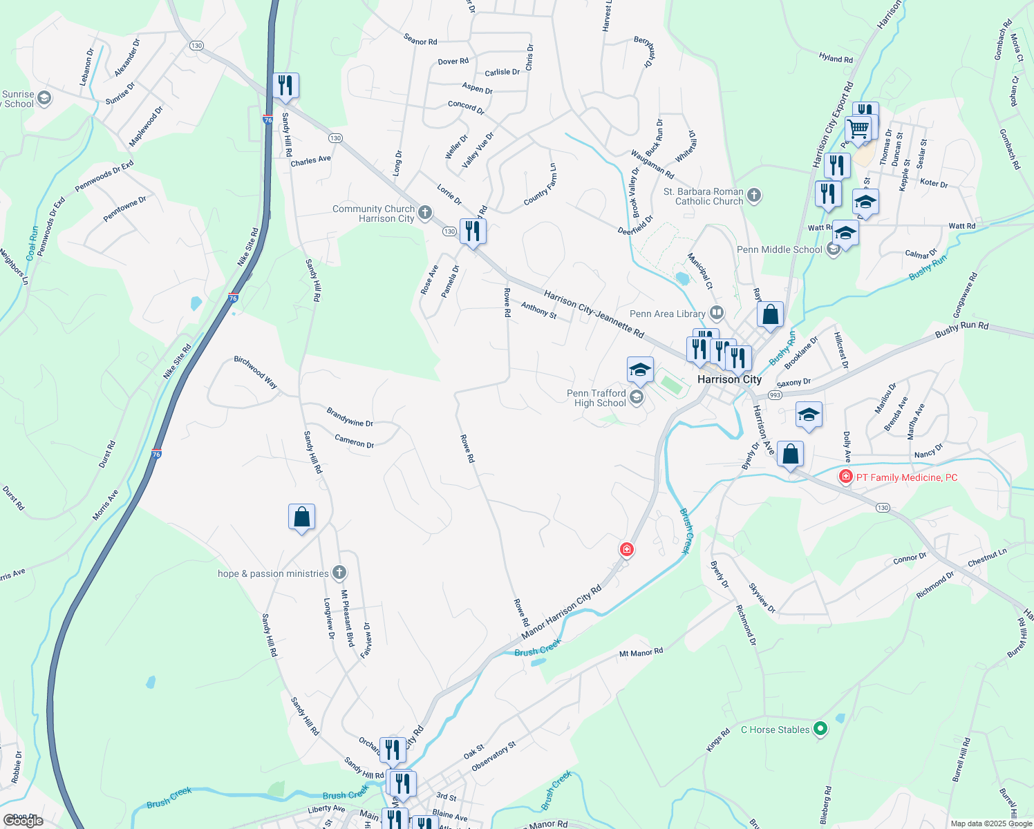map of restaurants, bars, coffee shops, grocery stores, and more near 114 Crimson Drive in Harrison City