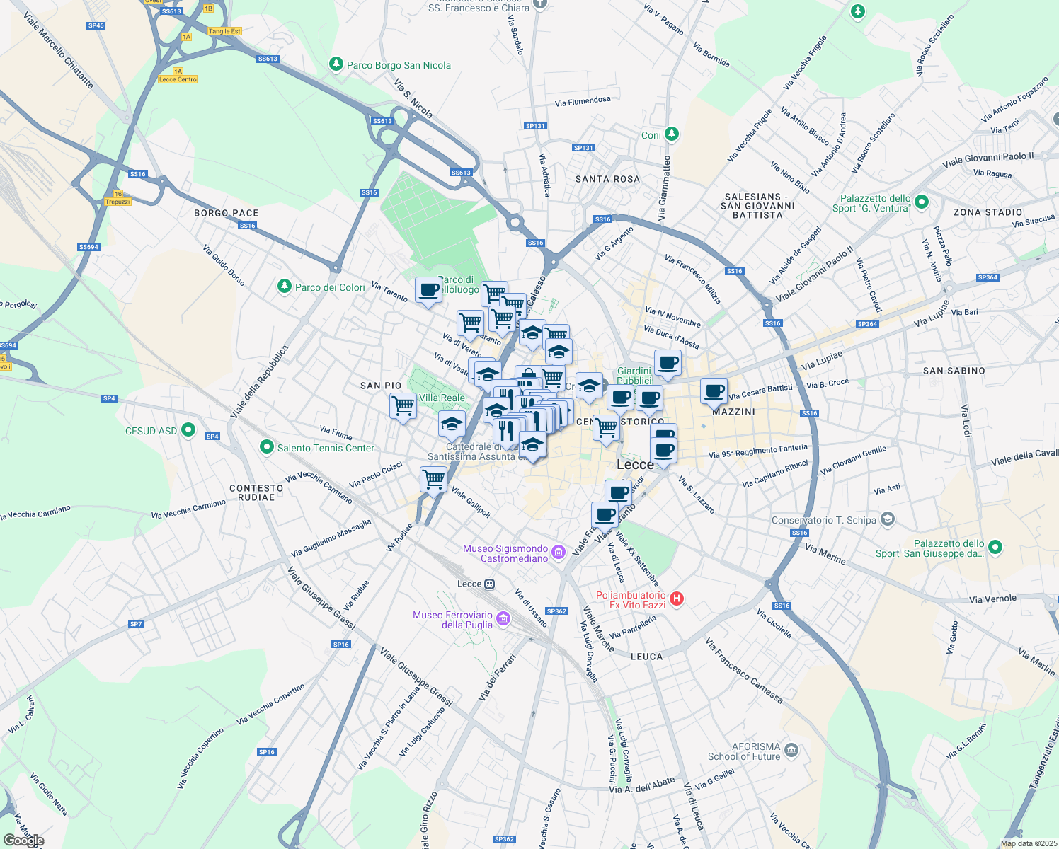 map of restaurants, bars, coffee shops, grocery stores, and more near Vicolo Cavallerizza in Lecce