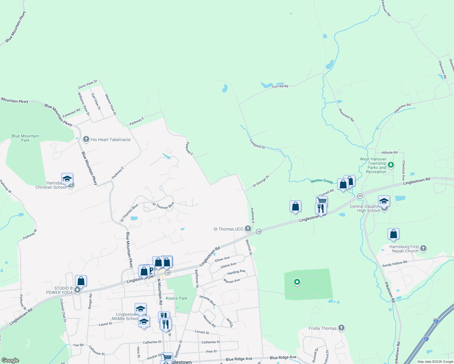map of restaurants, bars, coffee shops, grocery stores, and more near 6600 Parkway East in Harrisburg